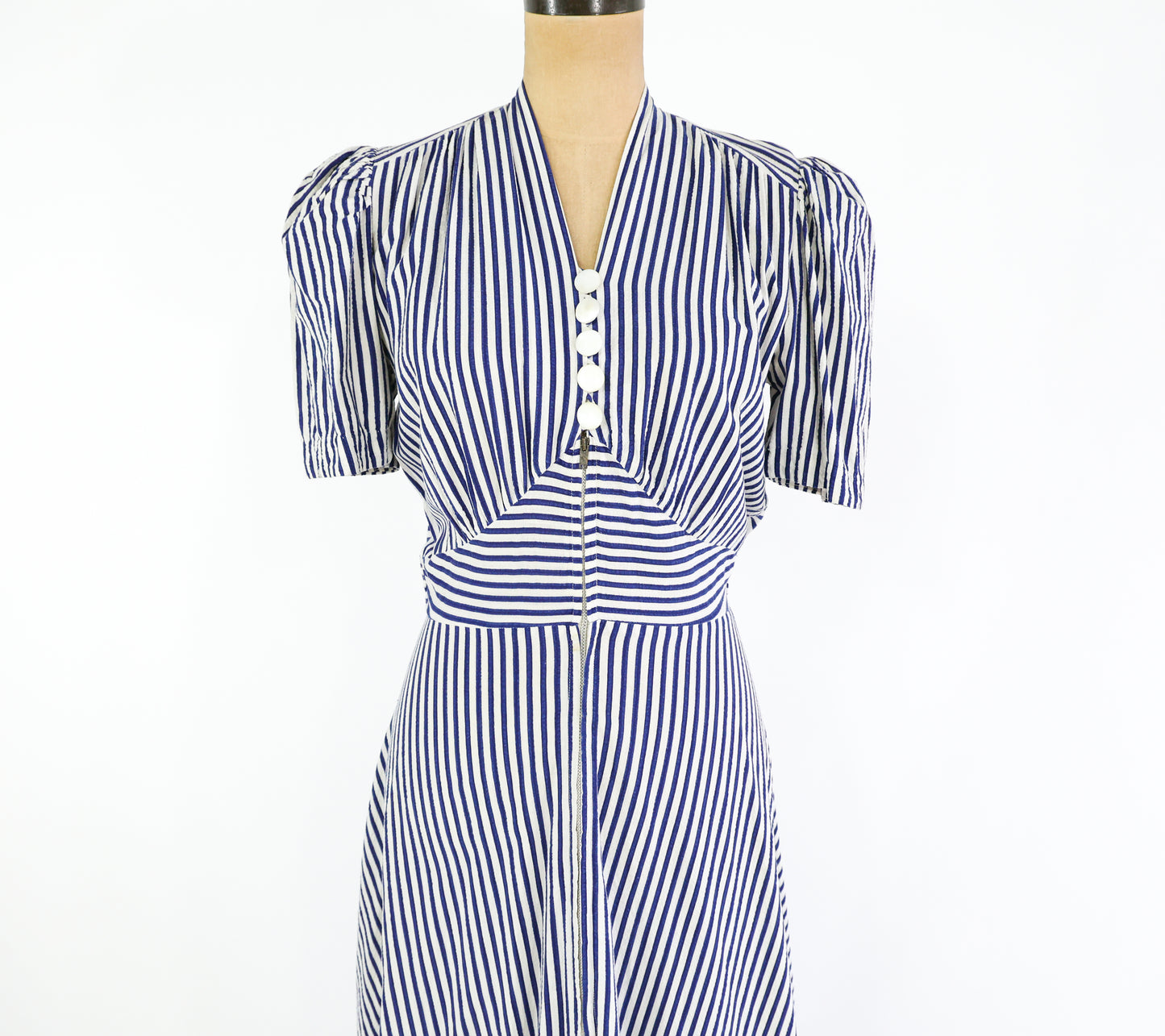 1940s Blue Striped Cotton House Dress