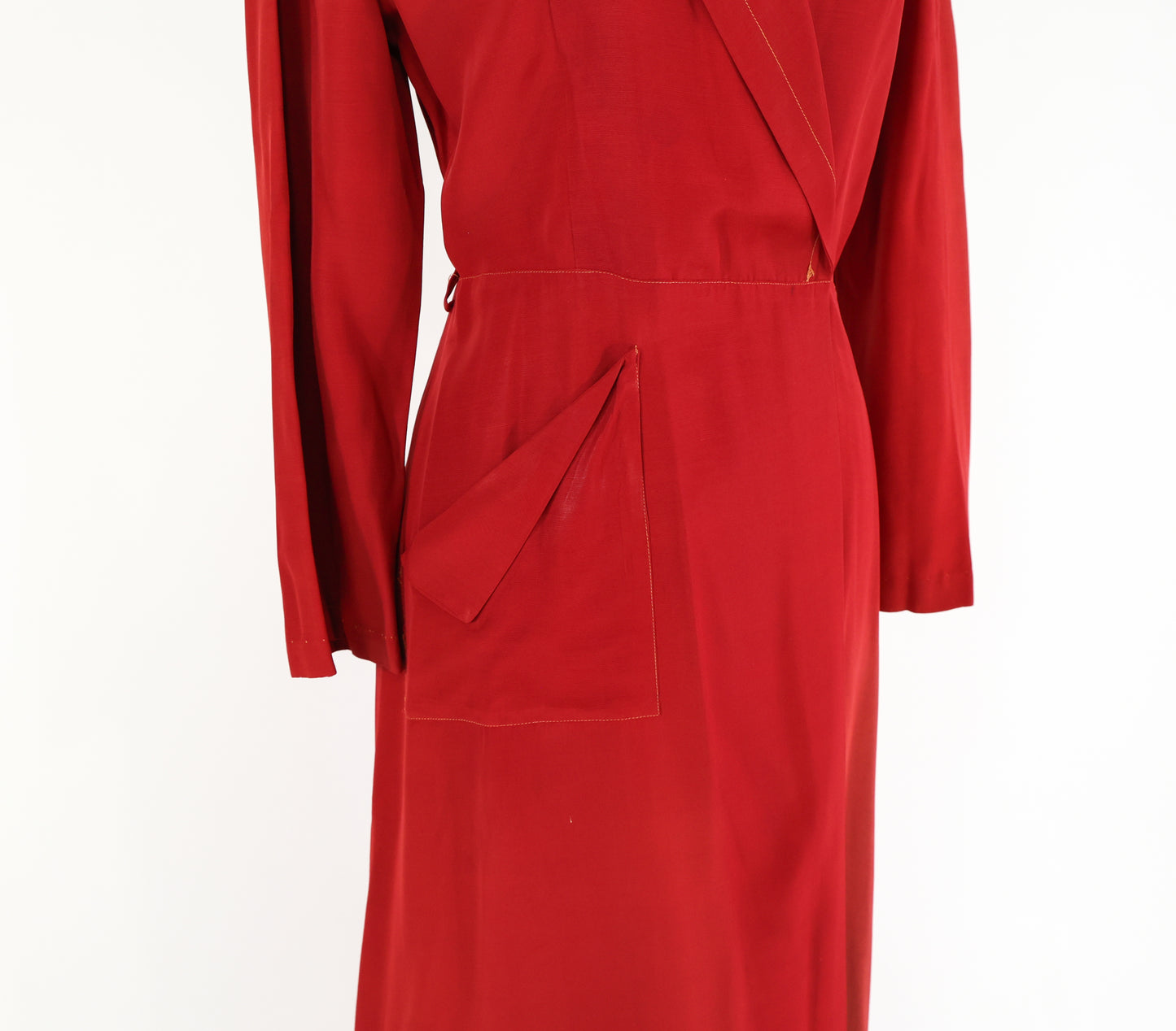 1940s Red Wrap Dress, Dressing Gown Housedress, Small