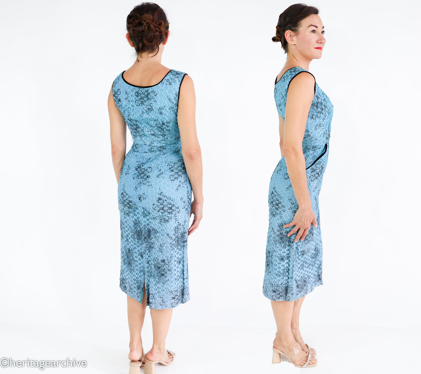 1950s Blue Lace Wiggle Dress, Extra Small Cocktail Dress