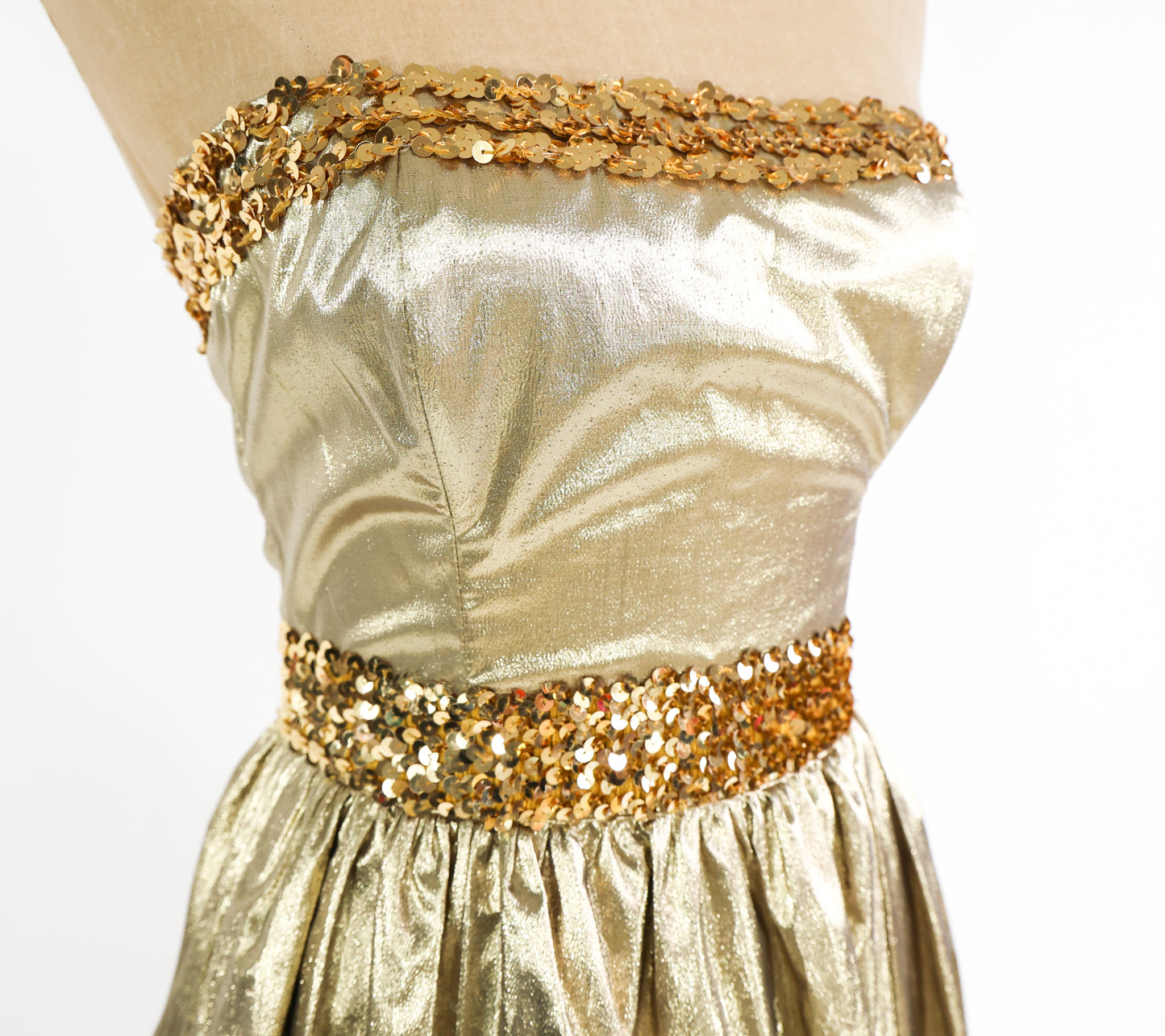 1980s Metallic Gold Prom Dress | Strapless Sequin Party Dress