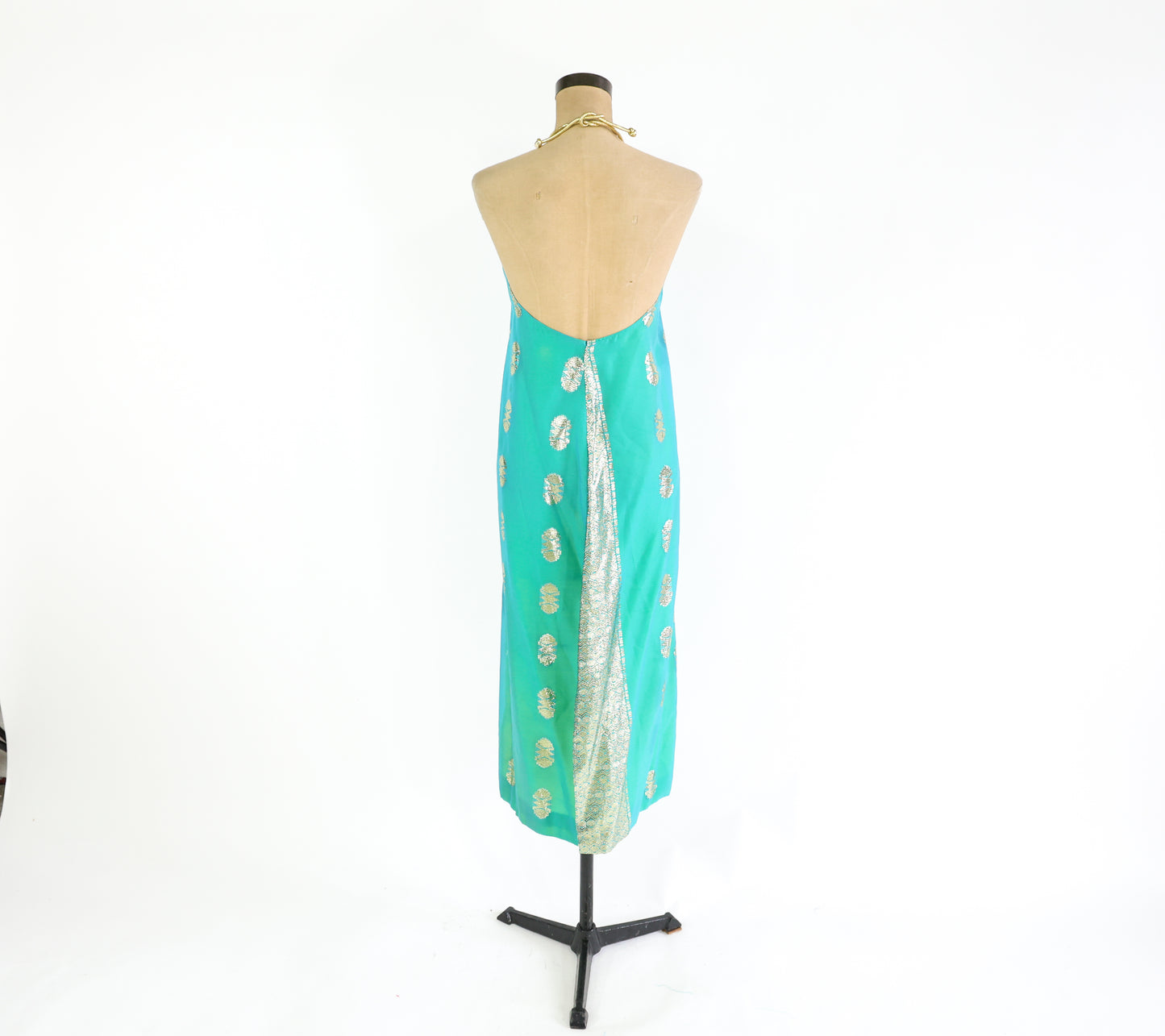 2000s Turquoise Gold Halter Dress Small