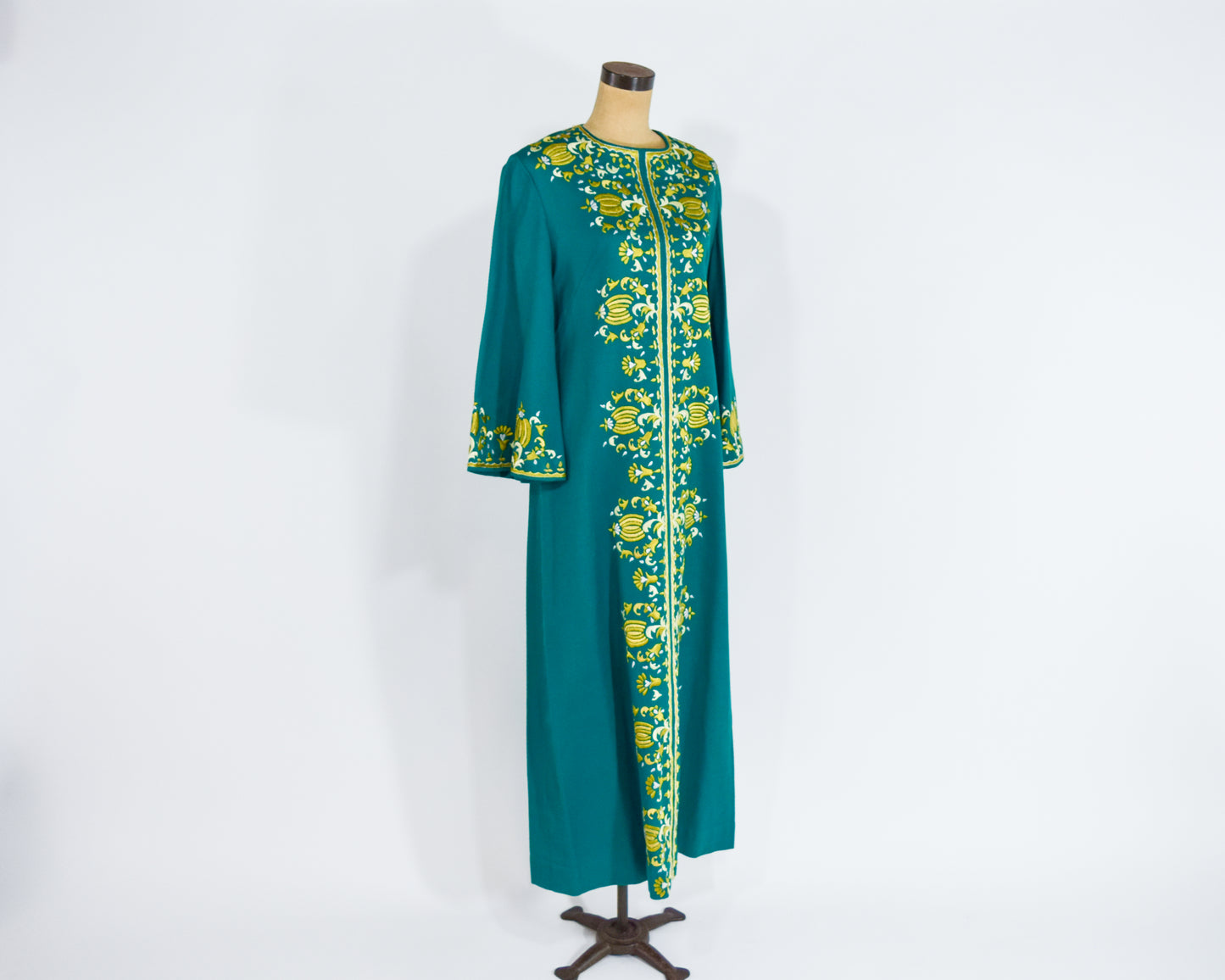 1960s Green Embroidered Caftan Dress, Medium
