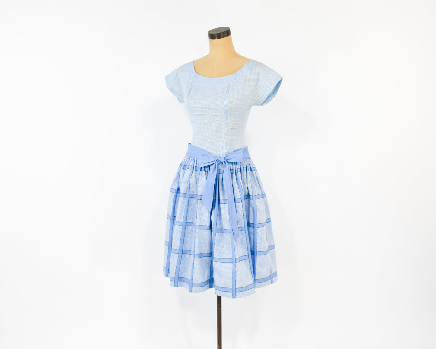 1950s Blue Gingham Plaid Cotton Dress, XS