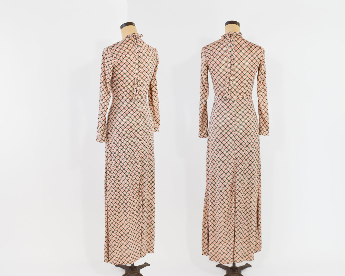 1970s Beige Plaid Halter Dress & Jacket Set | Red Geometric Print Maxi Dress Shrug Set
