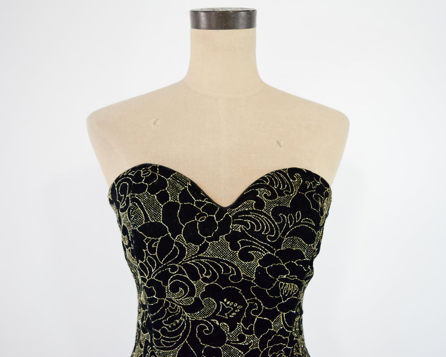1980s Black Gold Velvet Dress Small