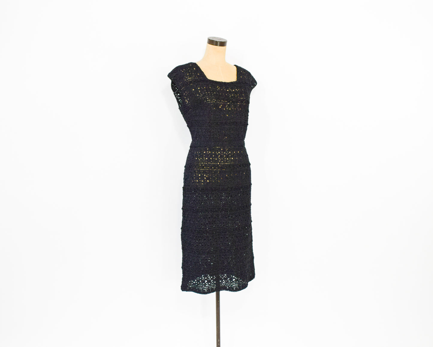 1960s Black Ribbon Lace Dress, Large