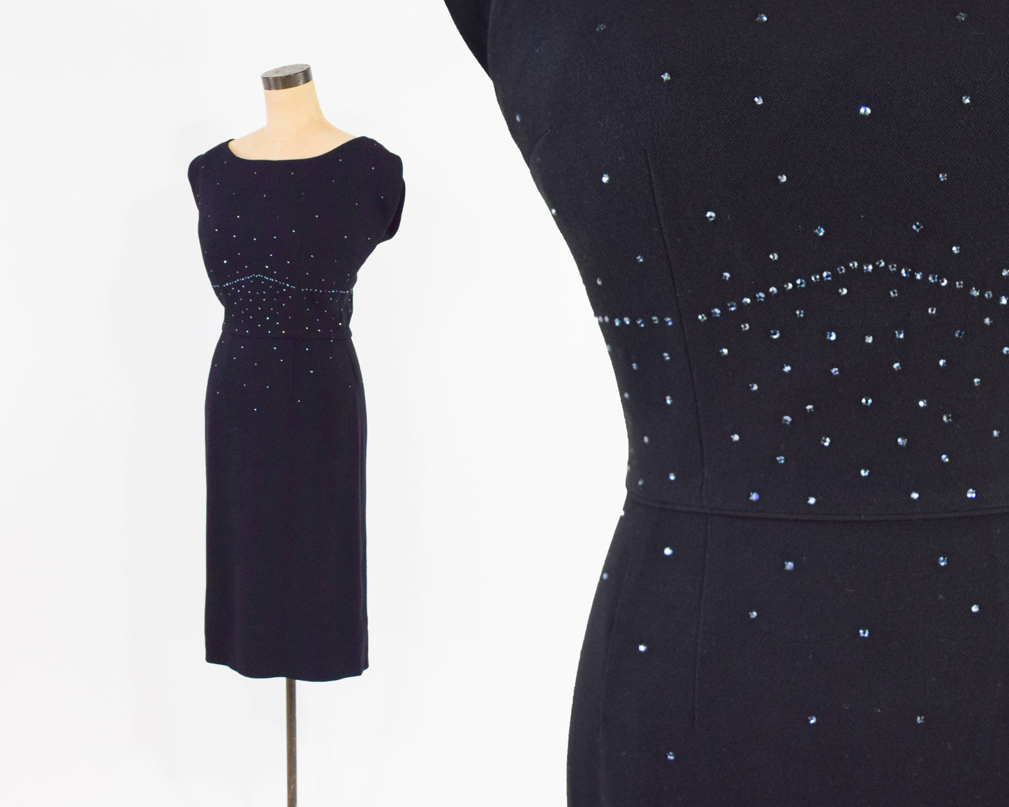 1950s Black Rhinestone Party Dress, Small
