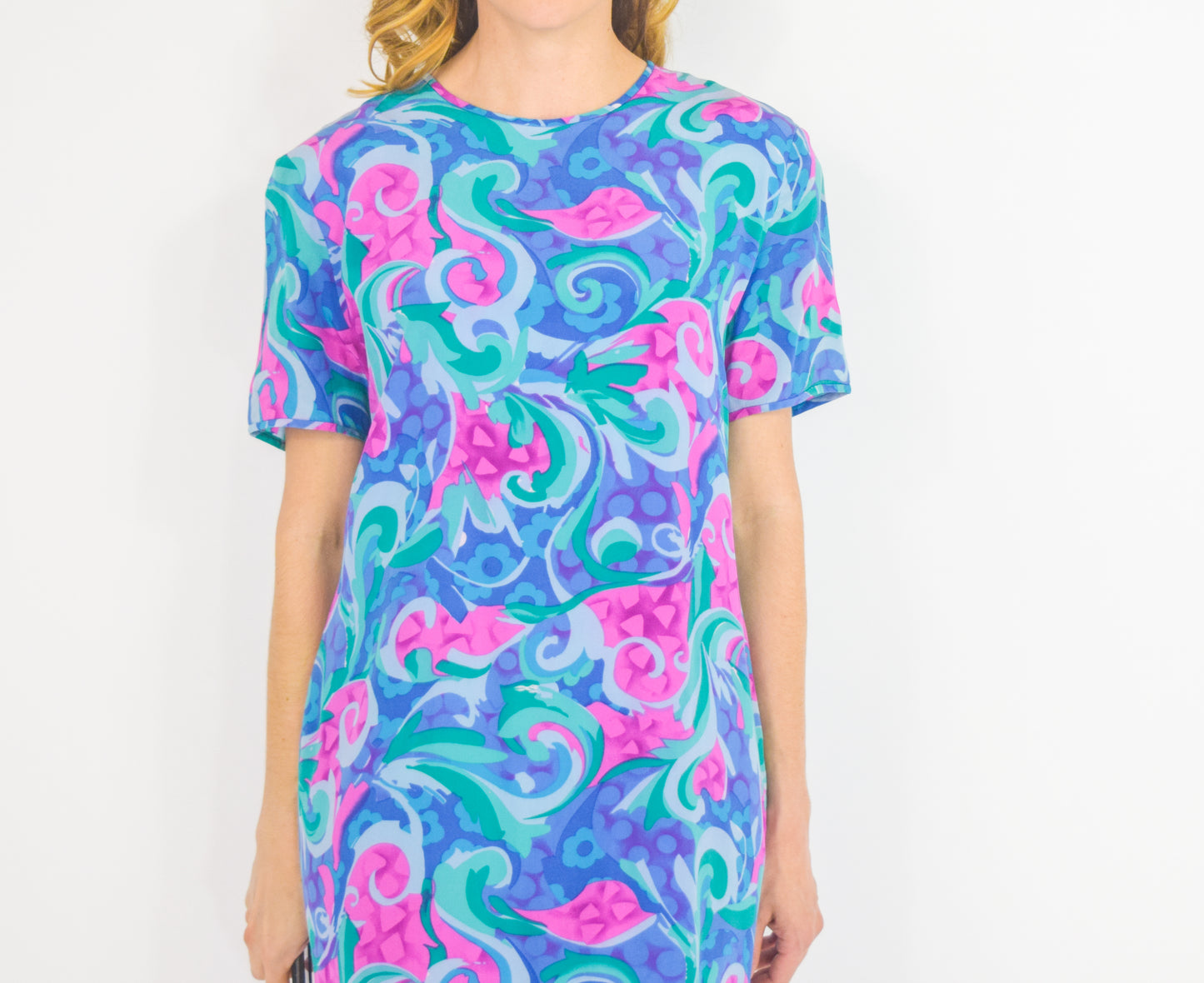 1990s Bright Blue & Pink Floral Print Silk Dress, Large