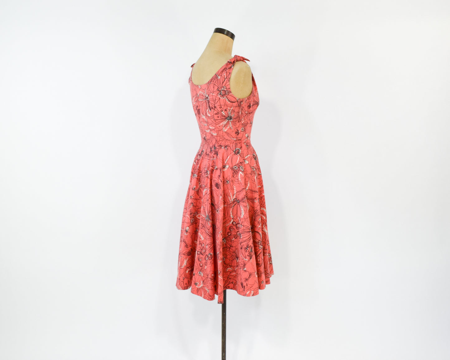 1940s Coral Print Cotton Dress, Extra Small