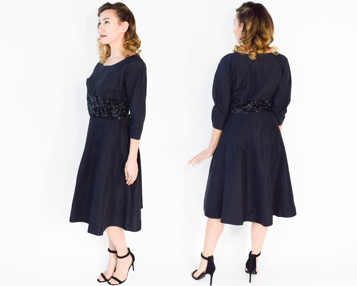 1940s Black Sequin Party Dress, Large