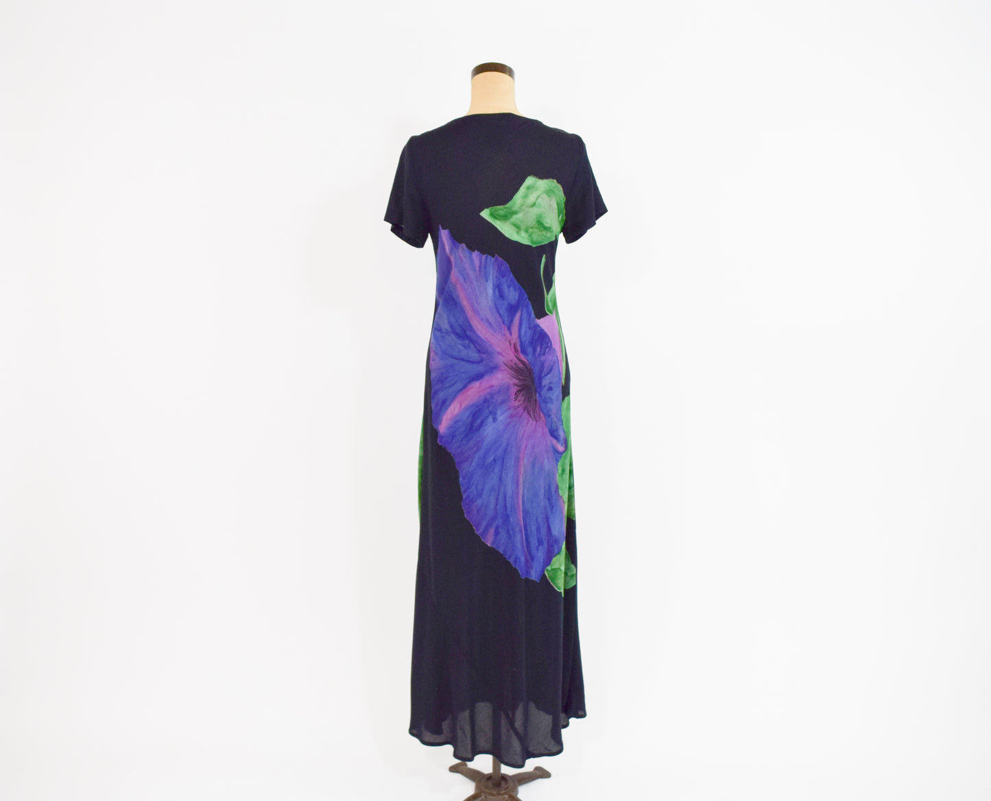 1990s Purple Floral Print Black Maxi Dress, Medium