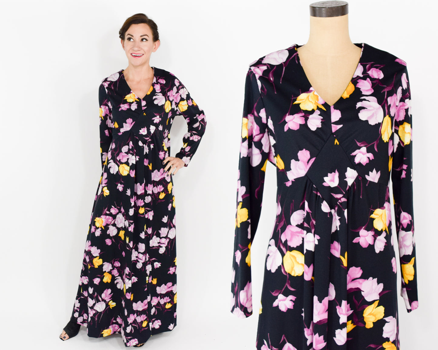 1970s Black & Purple Floral Print Maxi Dress XL