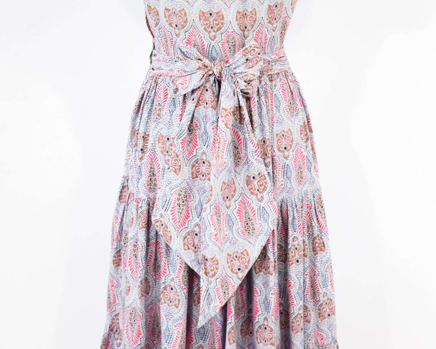 1940s Pink Print Long Dress, Tea Party Dress, XS