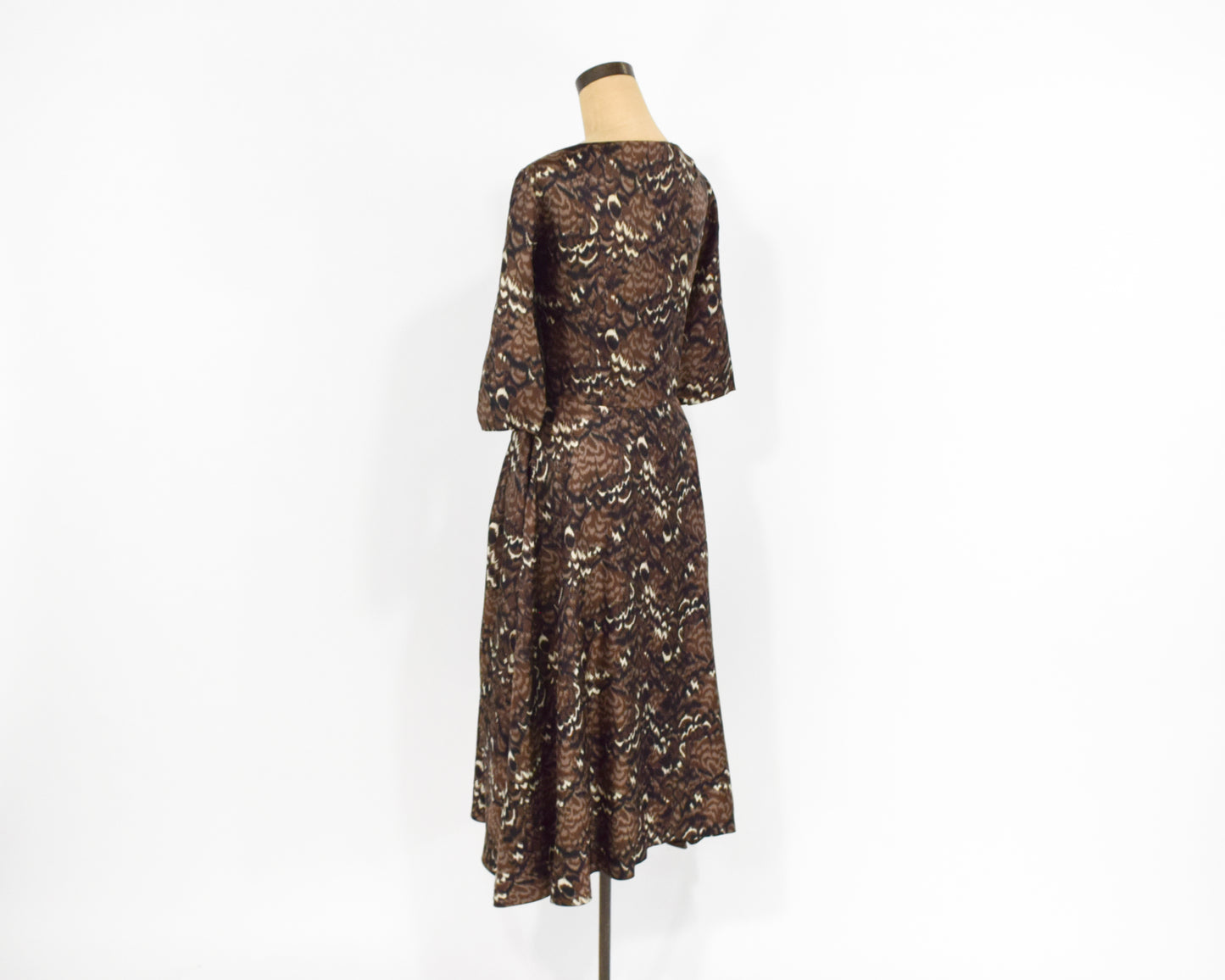 1940s Brown Watercolor Print Cocktail Dress, Medium