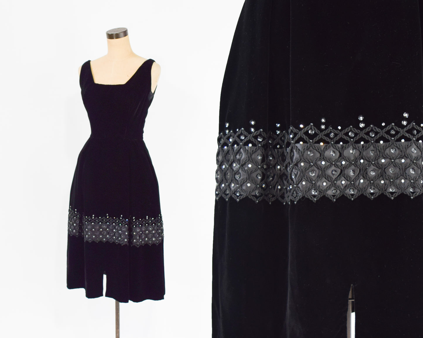 1950s Black Velvet Rhinestone Party Dress, Extra Small