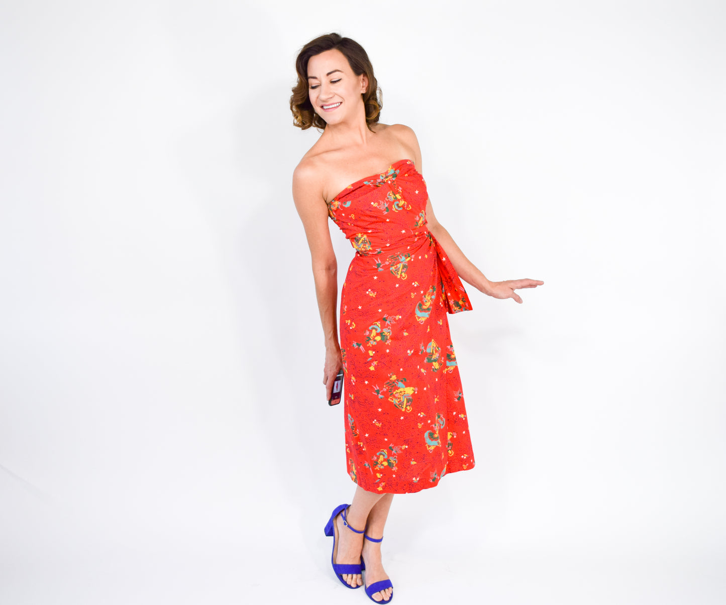 1940s Red Novelty Print Dress, Fairy Print, XS