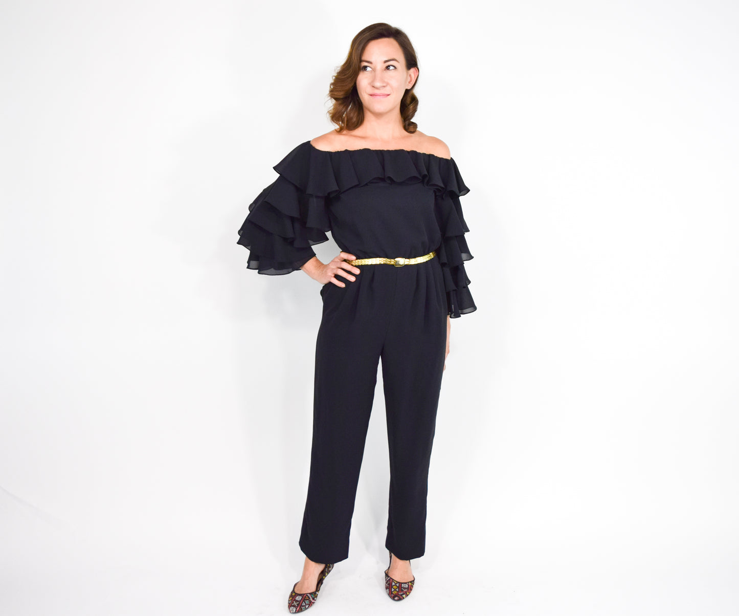 1970s Mignon Black Ruffle Sleeve Jumpsuit, Small