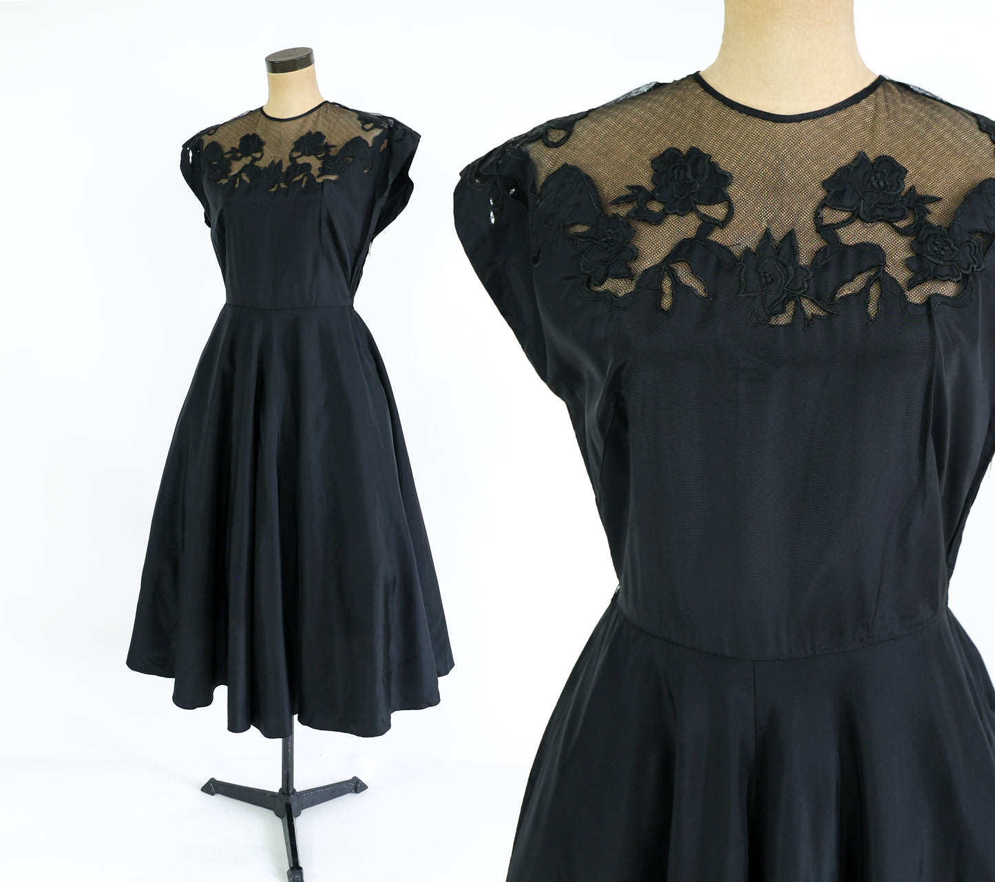 1940s Black Dress Embroidered New Look Dress, Large
