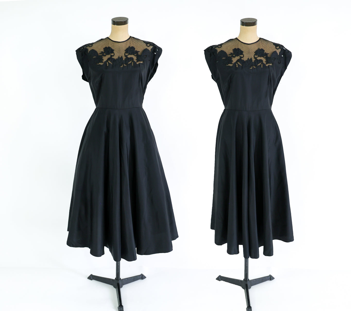 1940s Black Dress Embroidered New Look Dress, Large
