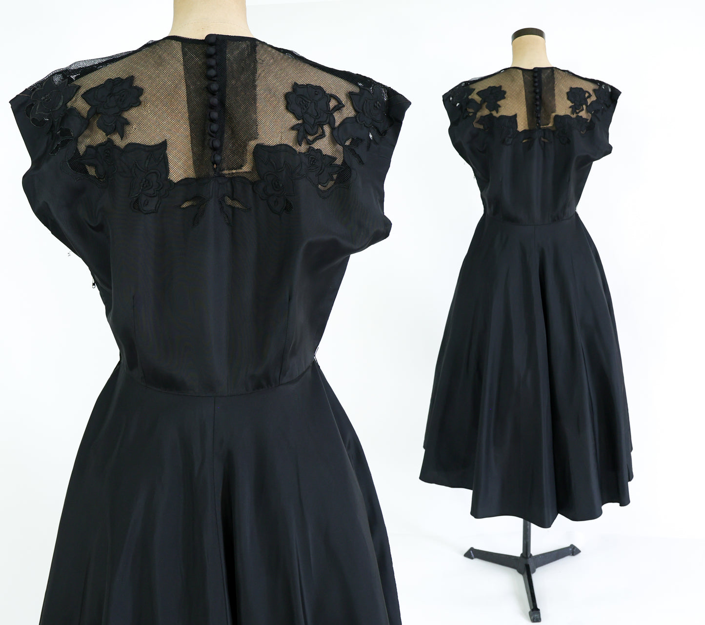 1940s Black Dress Embroidered New Look Dress, Large
