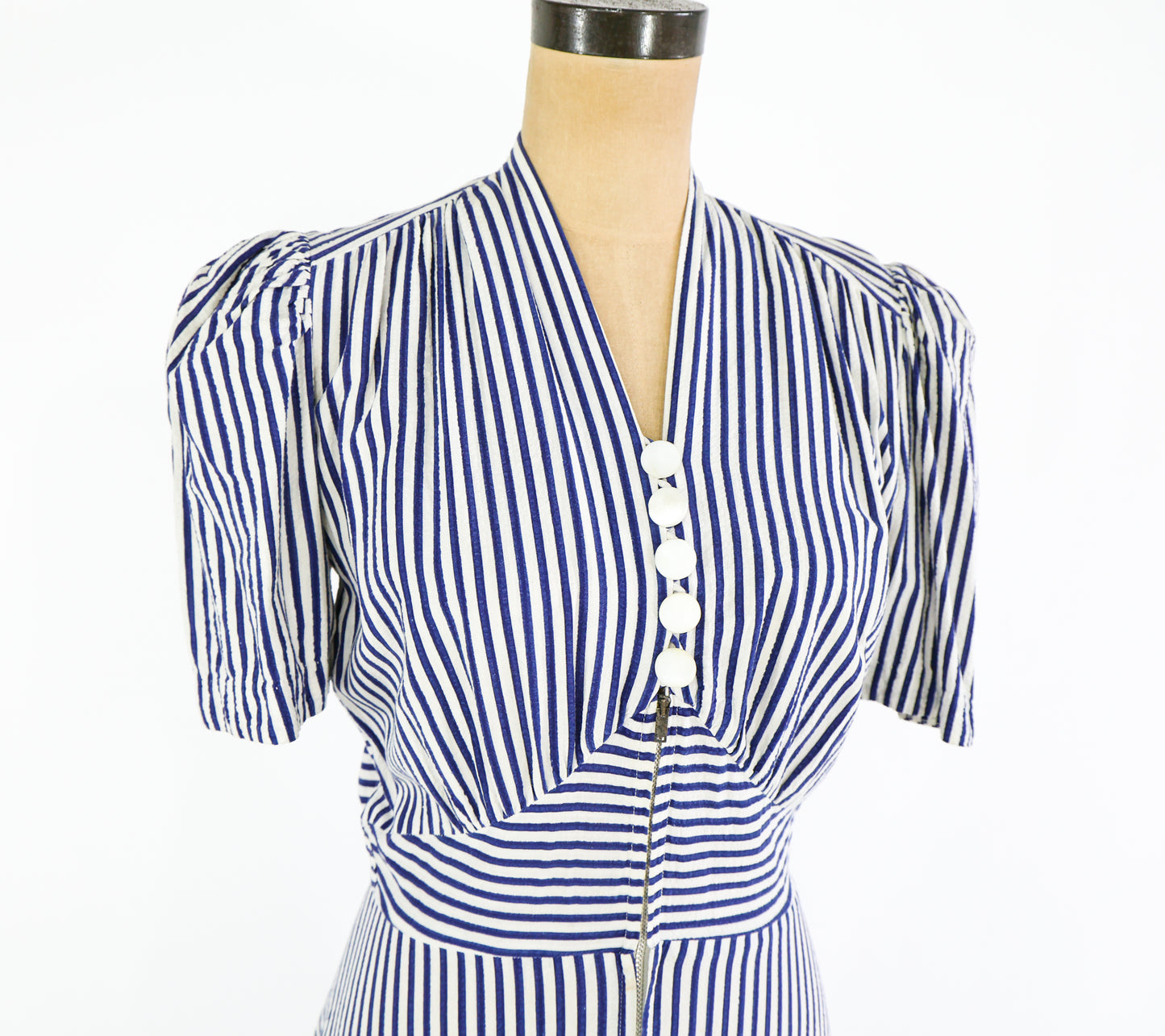 1940s Blue Striped Cotton House Dress