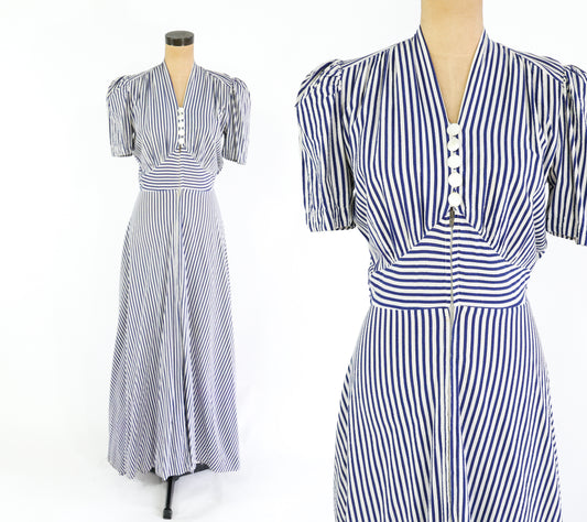 1940s Blue Striped Cotton House Dress