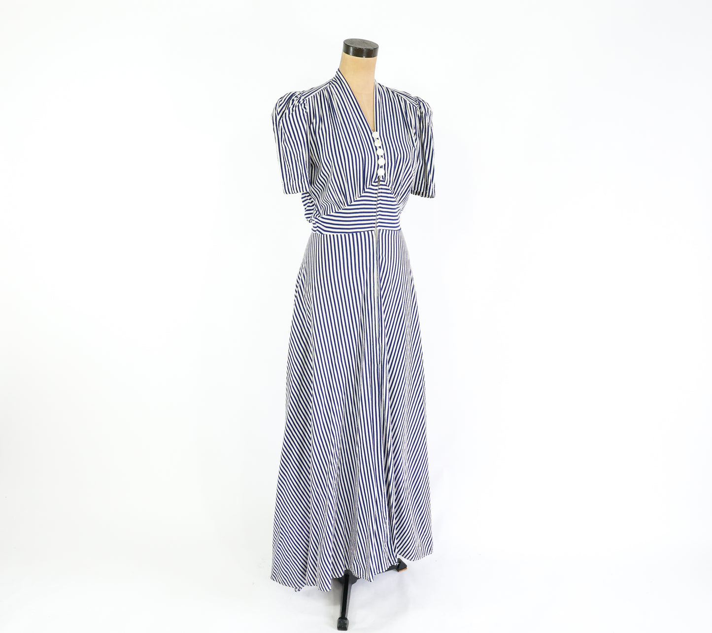 1940s Blue Striped Cotton House Dress