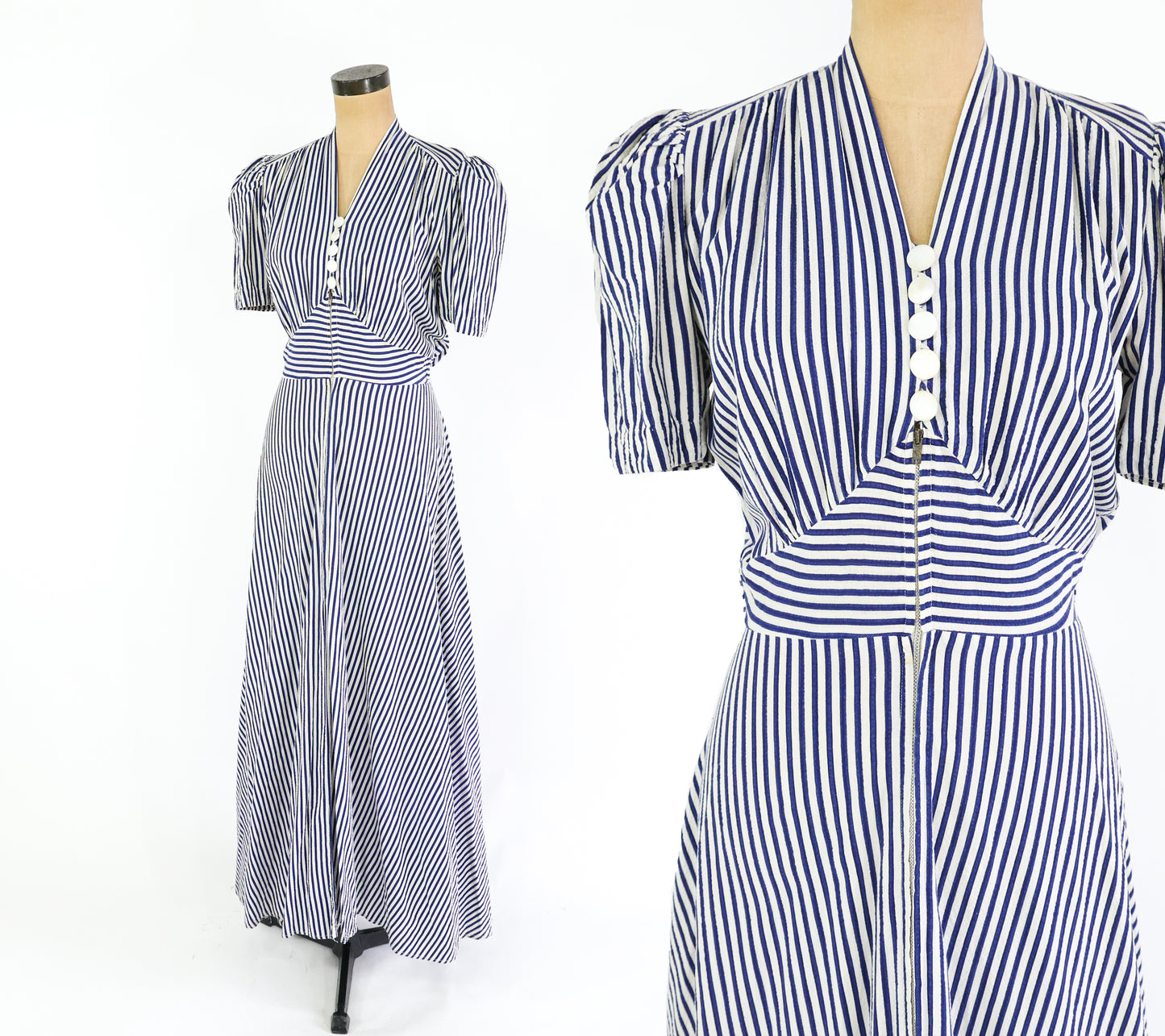 1940s Blue Striped Cotton House Dress