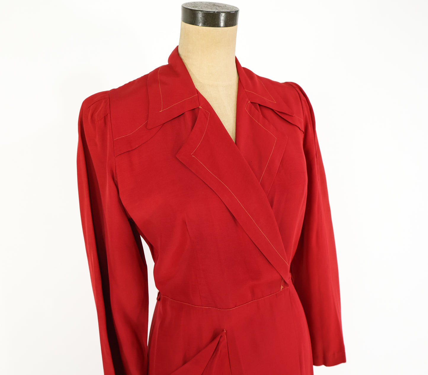 1940s Red Wrap Dress, Dressing Gown Housedress, Small