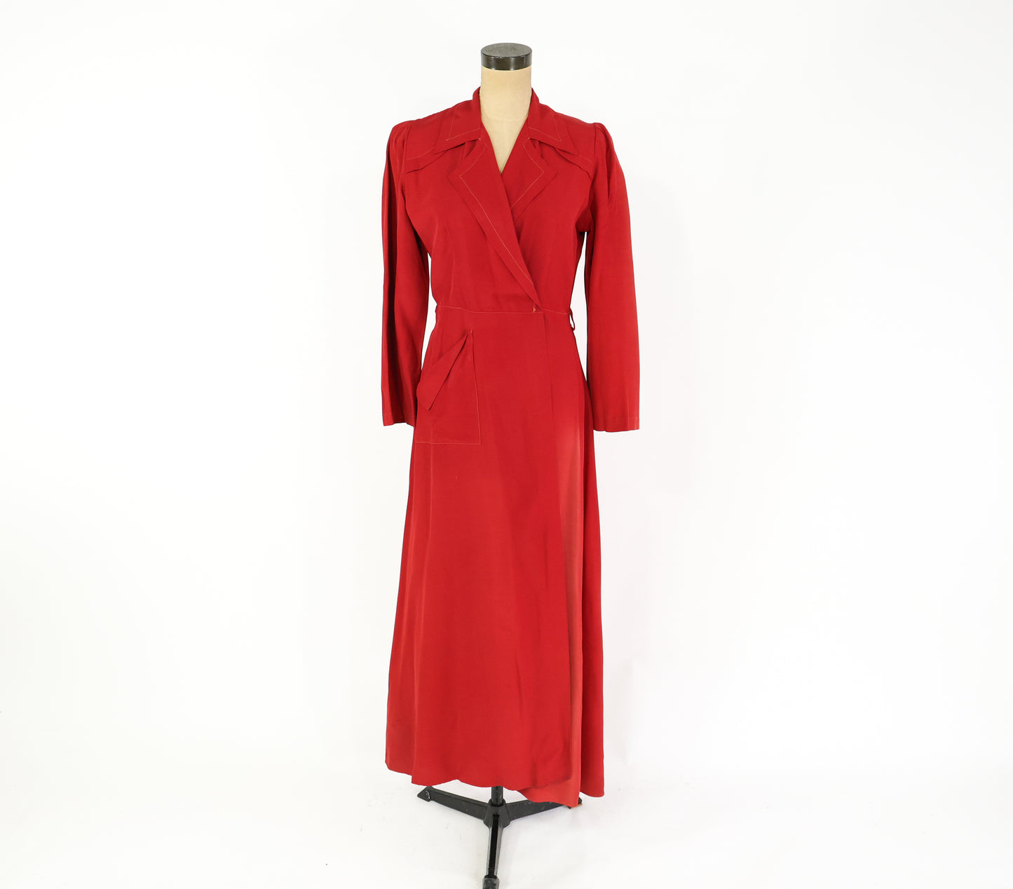 1940s Red Wrap Dress, Dressing Gown Housedress, Small