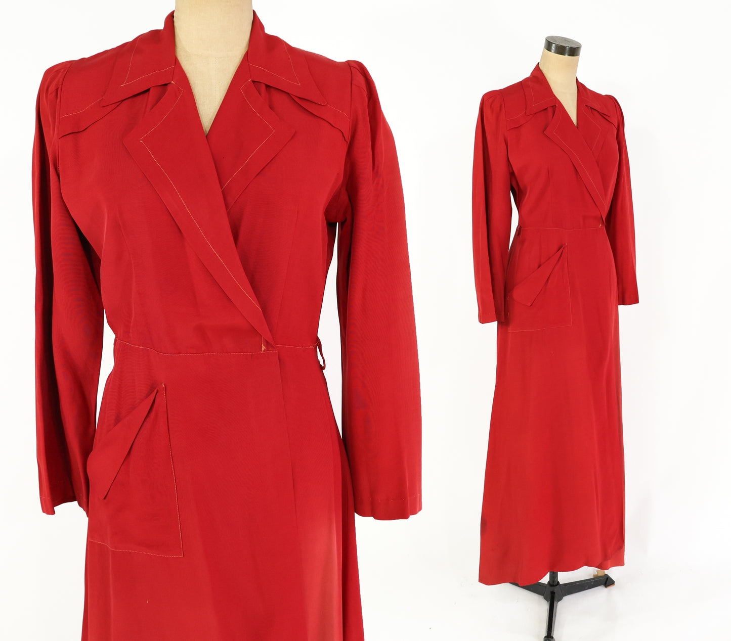 1940s Red Wrap Dress, Dressing Gown Housedress, Small
