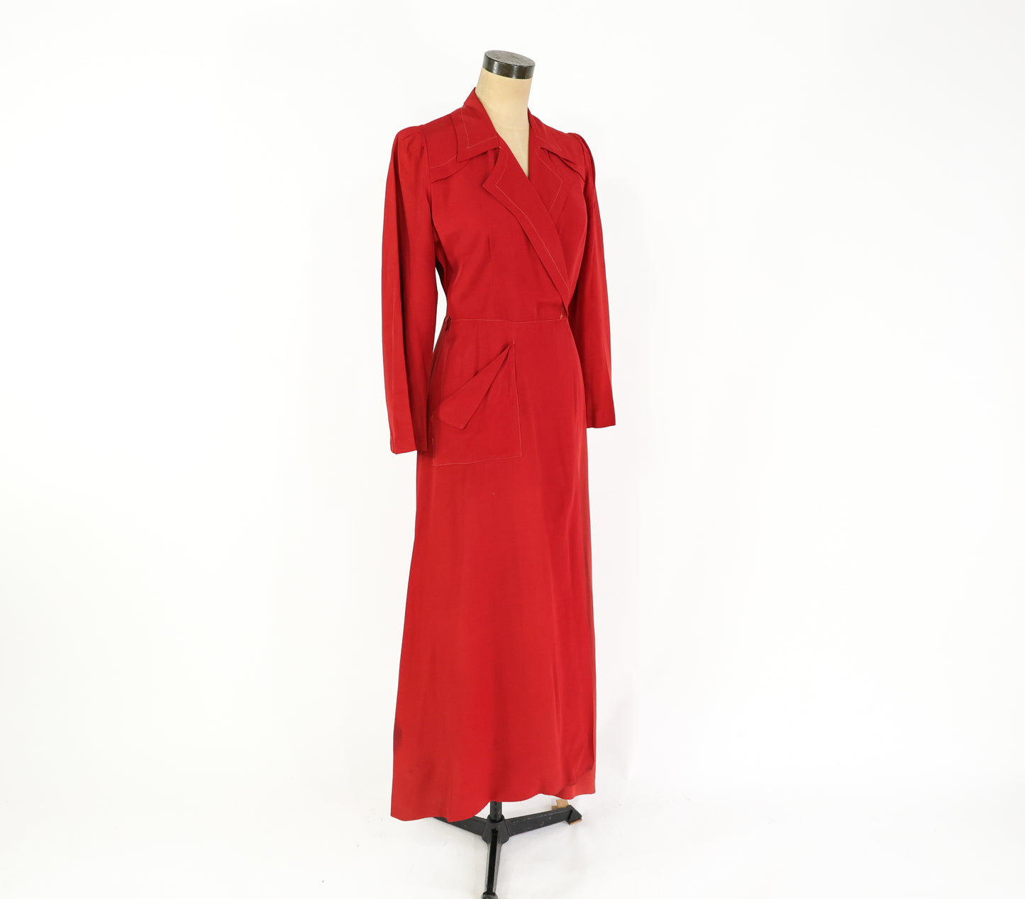 1940s Red Wrap Dress, Dressing Gown Housedress, Small
