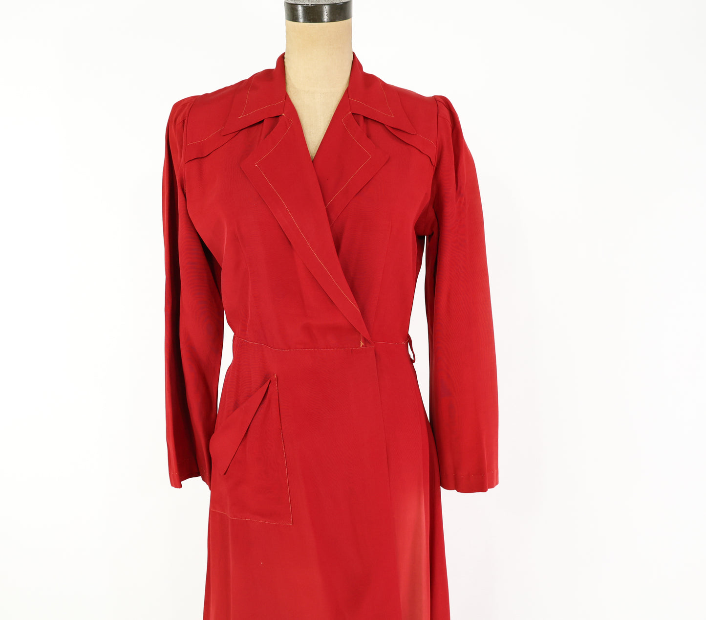 1940s Red Wrap Dress, Dressing Gown Housedress, Small