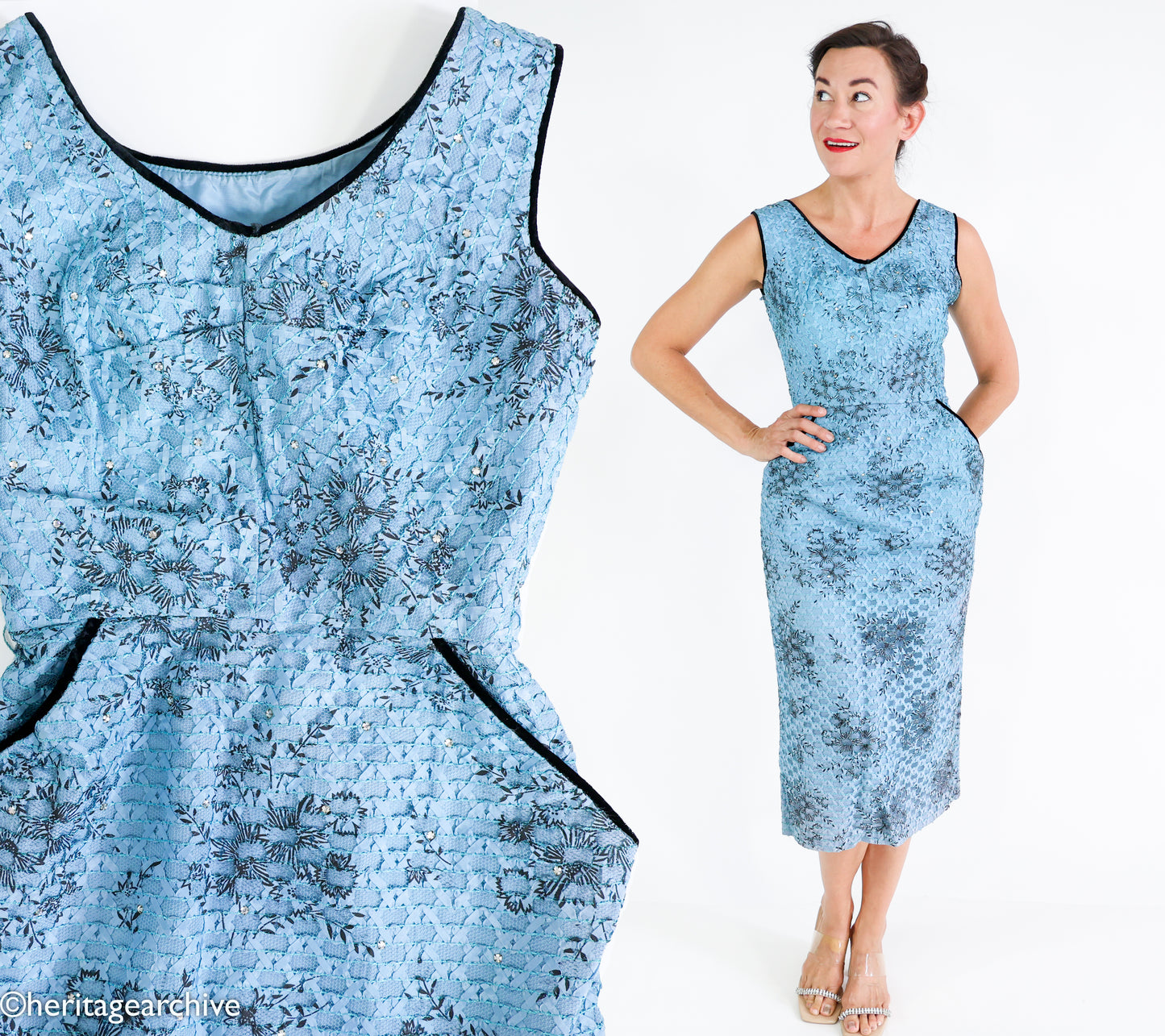 1950s Blue Lace Wiggle Dress, Extra Small Cocktail Dress