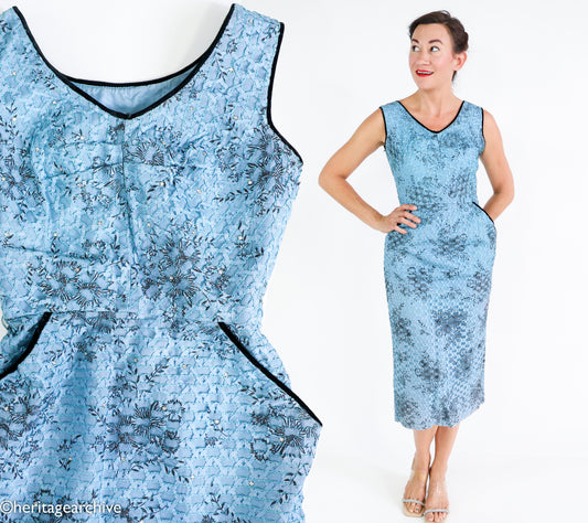 1950s Blue Lace Wiggle Dress, Extra Small Cocktail Dress
