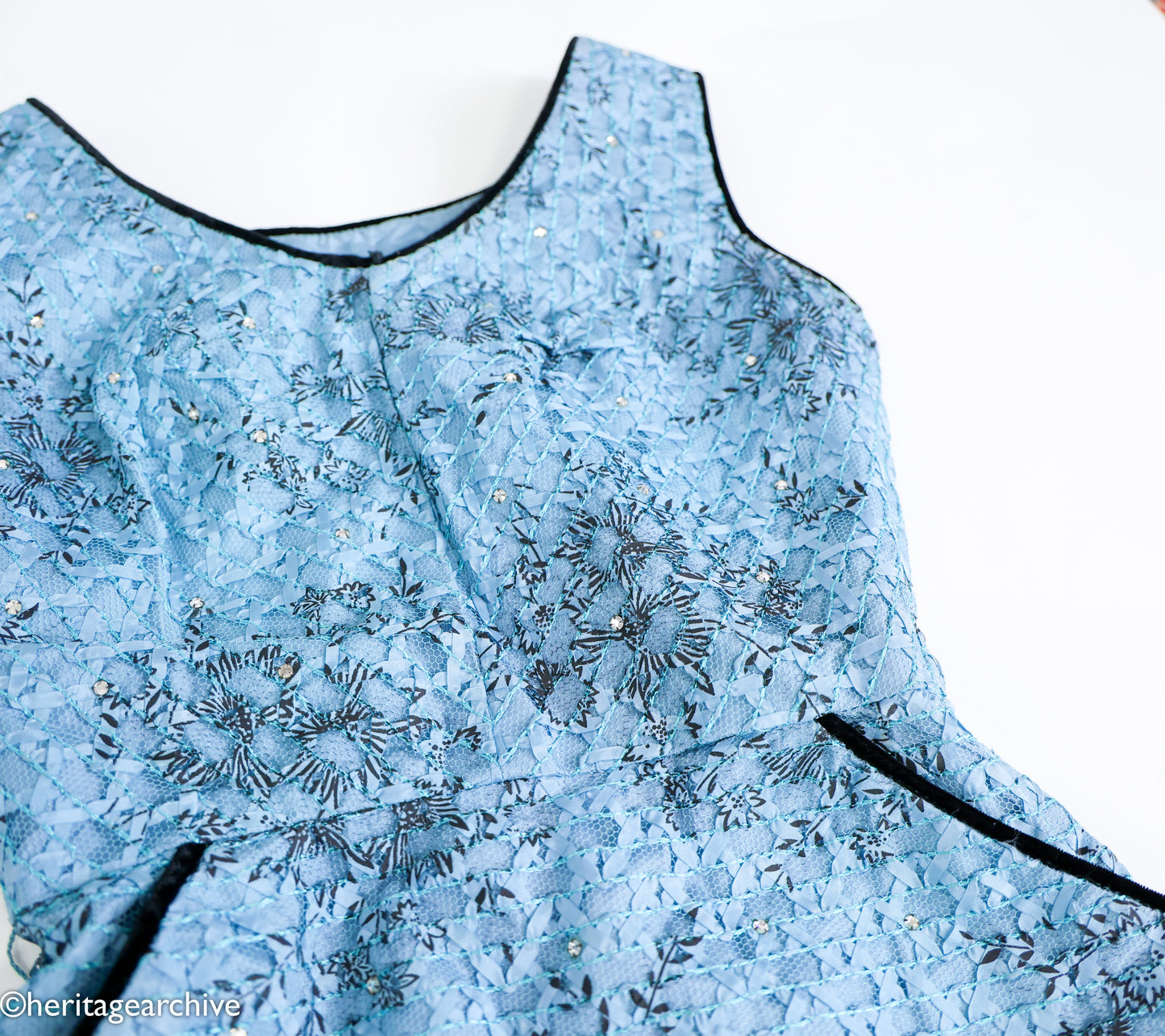1950s Blue Lace Wiggle Dress, Extra Small Cocktail Dress
