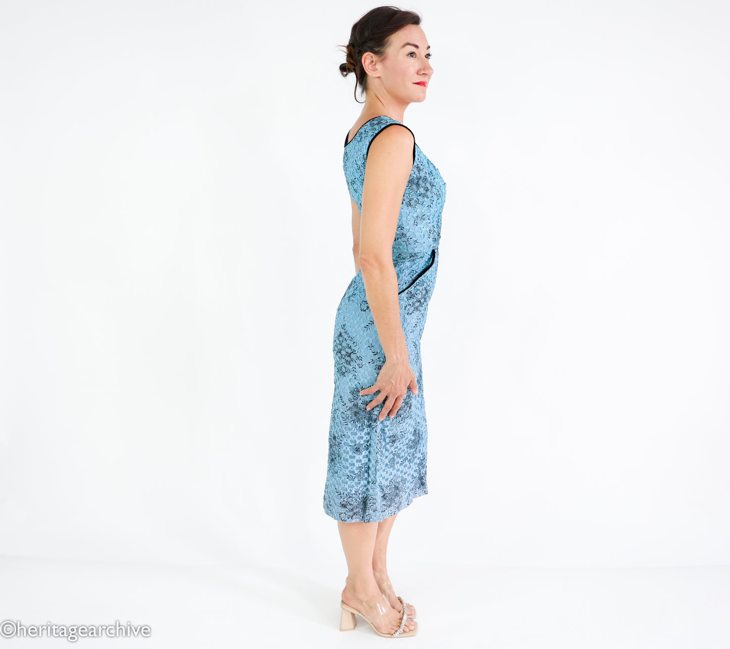 1950s Blue Lace Wiggle Dress, Extra Small Cocktail Dress