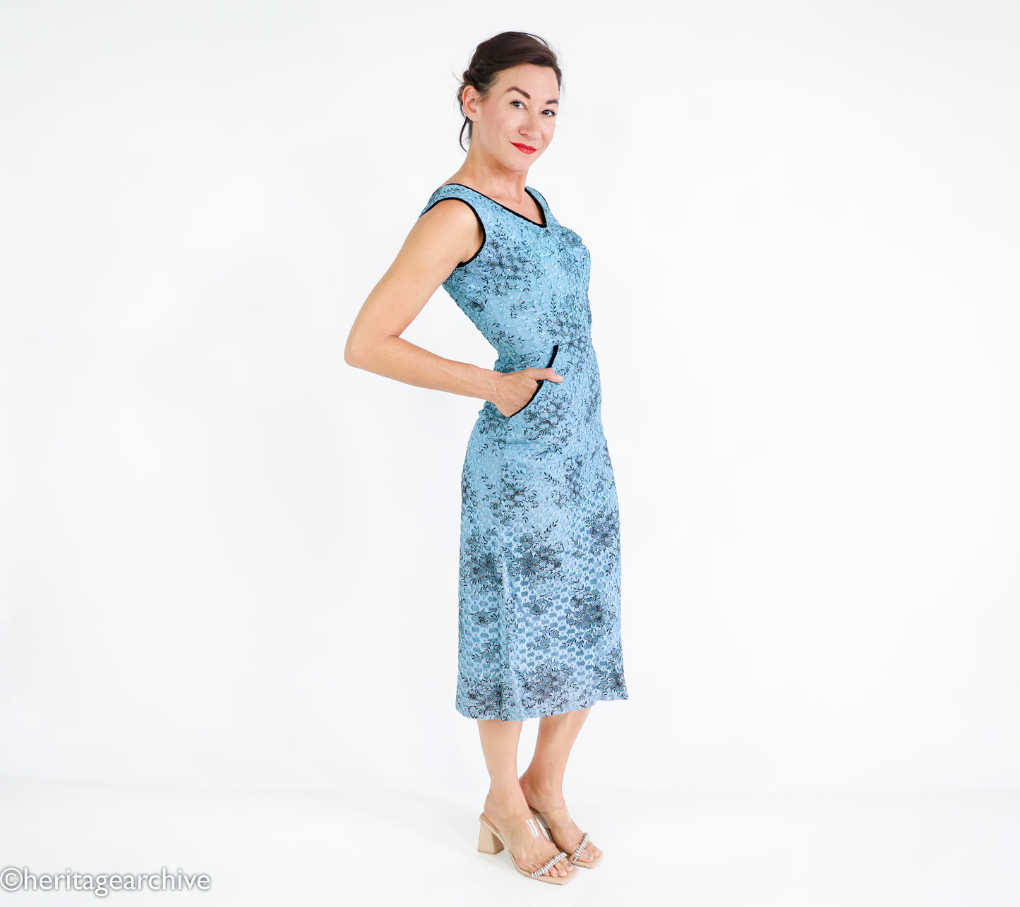 1950s Blue Lace Wiggle Dress, Extra Small Cocktail Dress