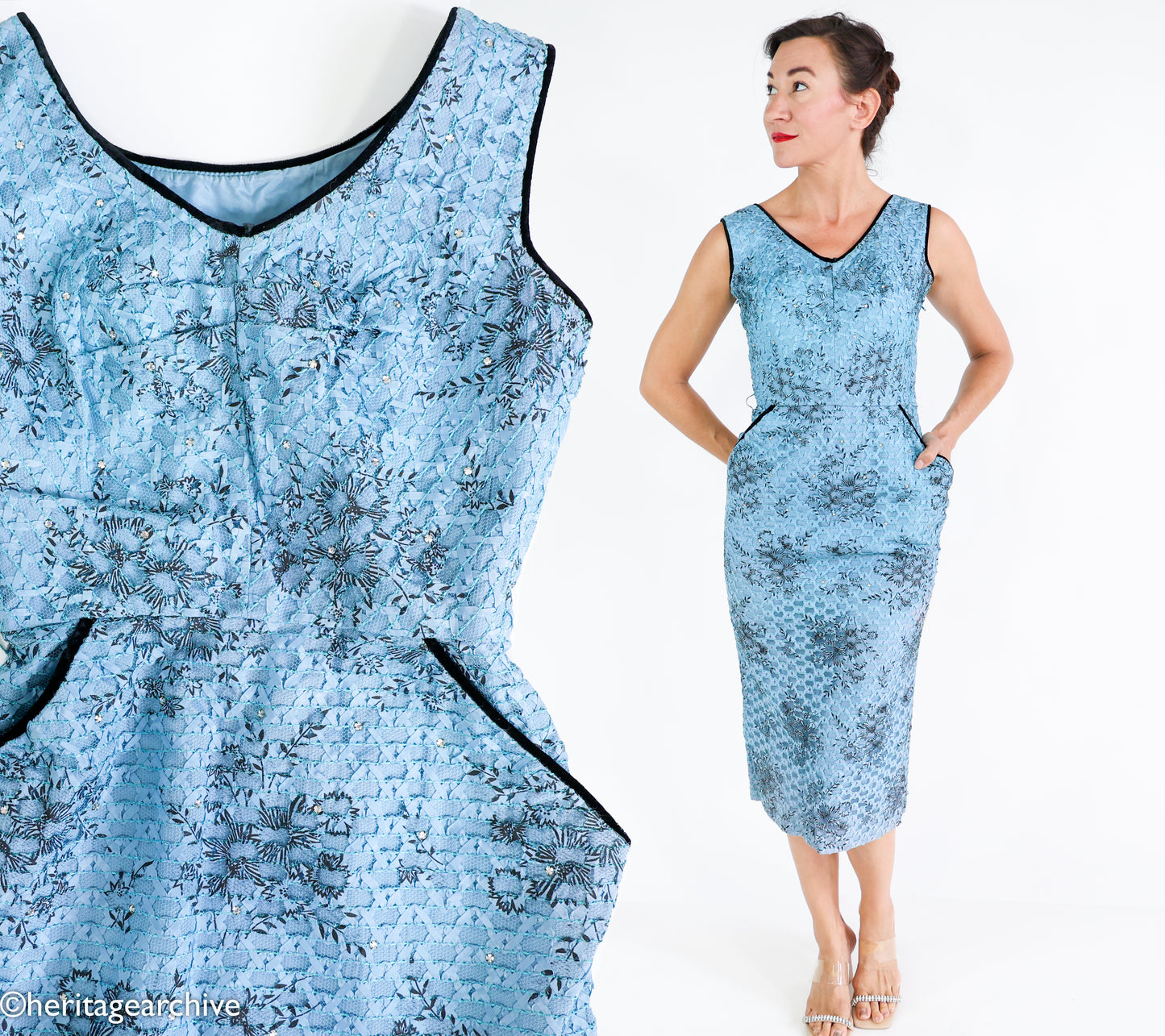 1950s Blue Lace Wiggle Dress, Extra Small Cocktail Dress