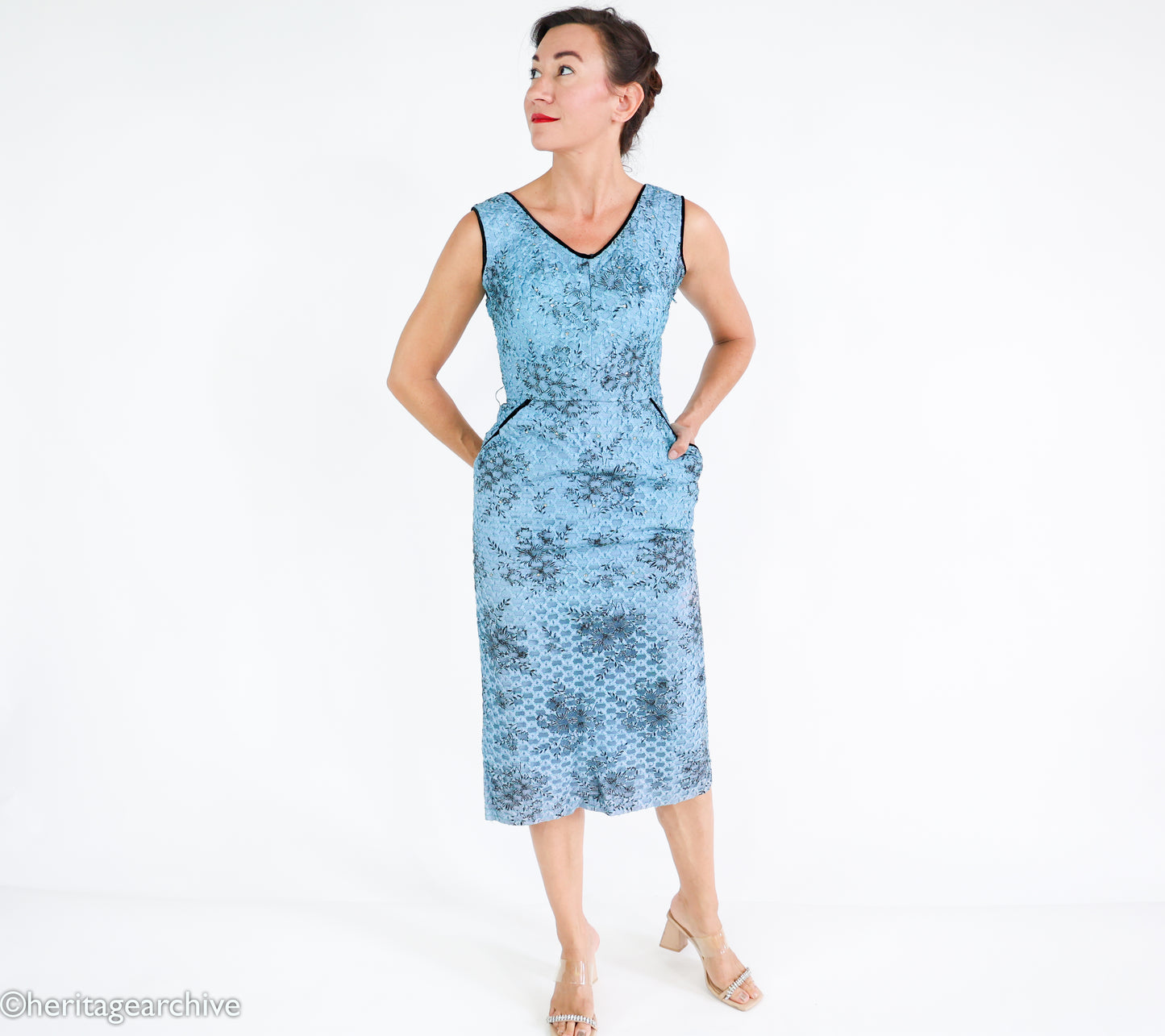 1950s Blue Lace Wiggle Dress, Extra Small Cocktail Dress