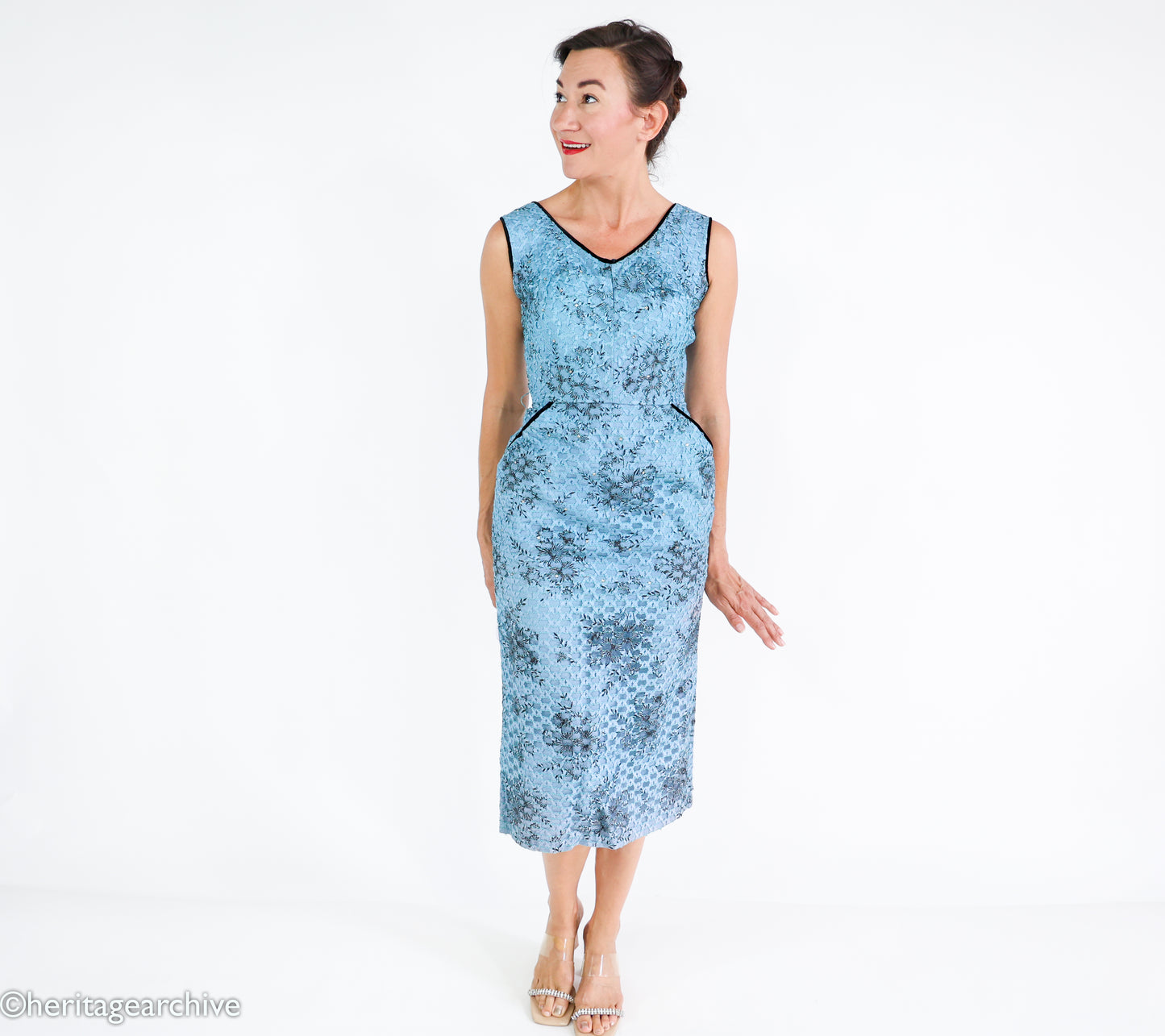 1950s Blue Lace Wiggle Dress, Extra Small Cocktail Dress