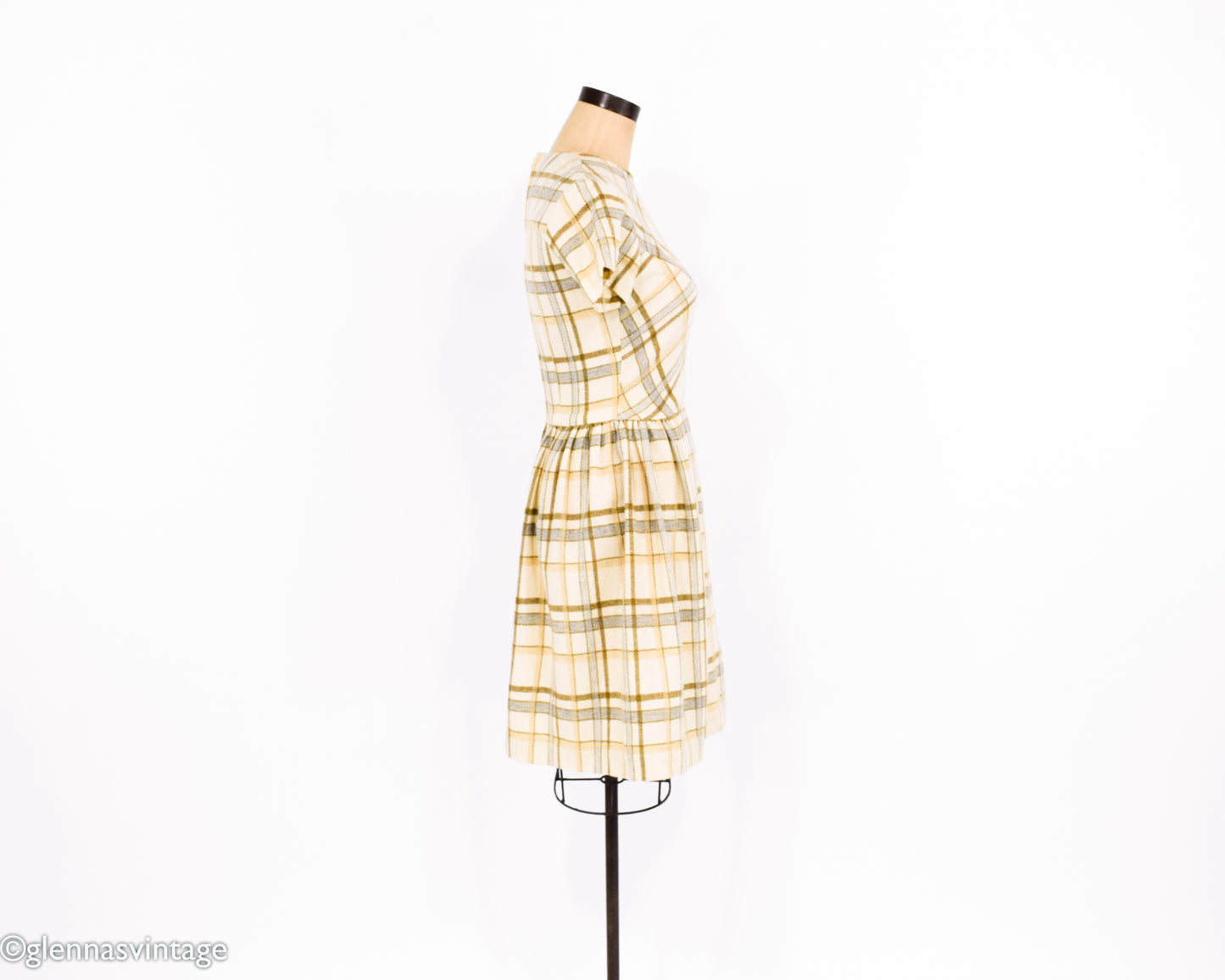 1960s Creme Plaid Wool Dress Small