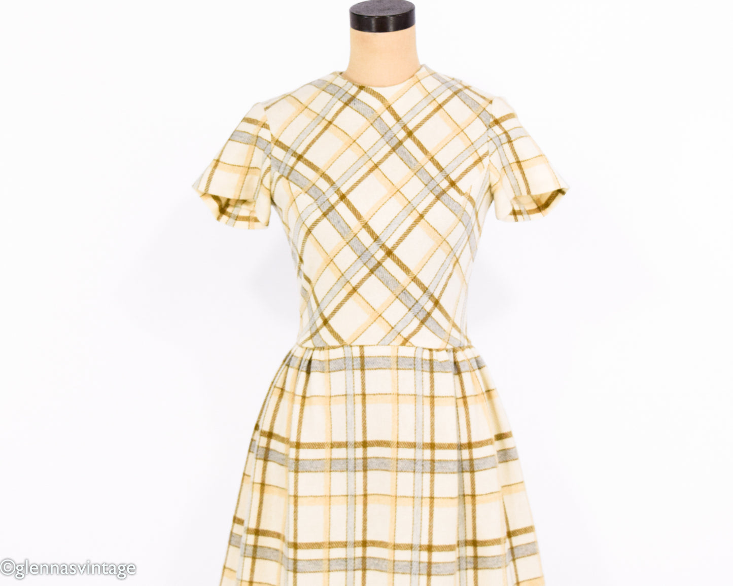 1960s Creme Plaid Wool Dress Small