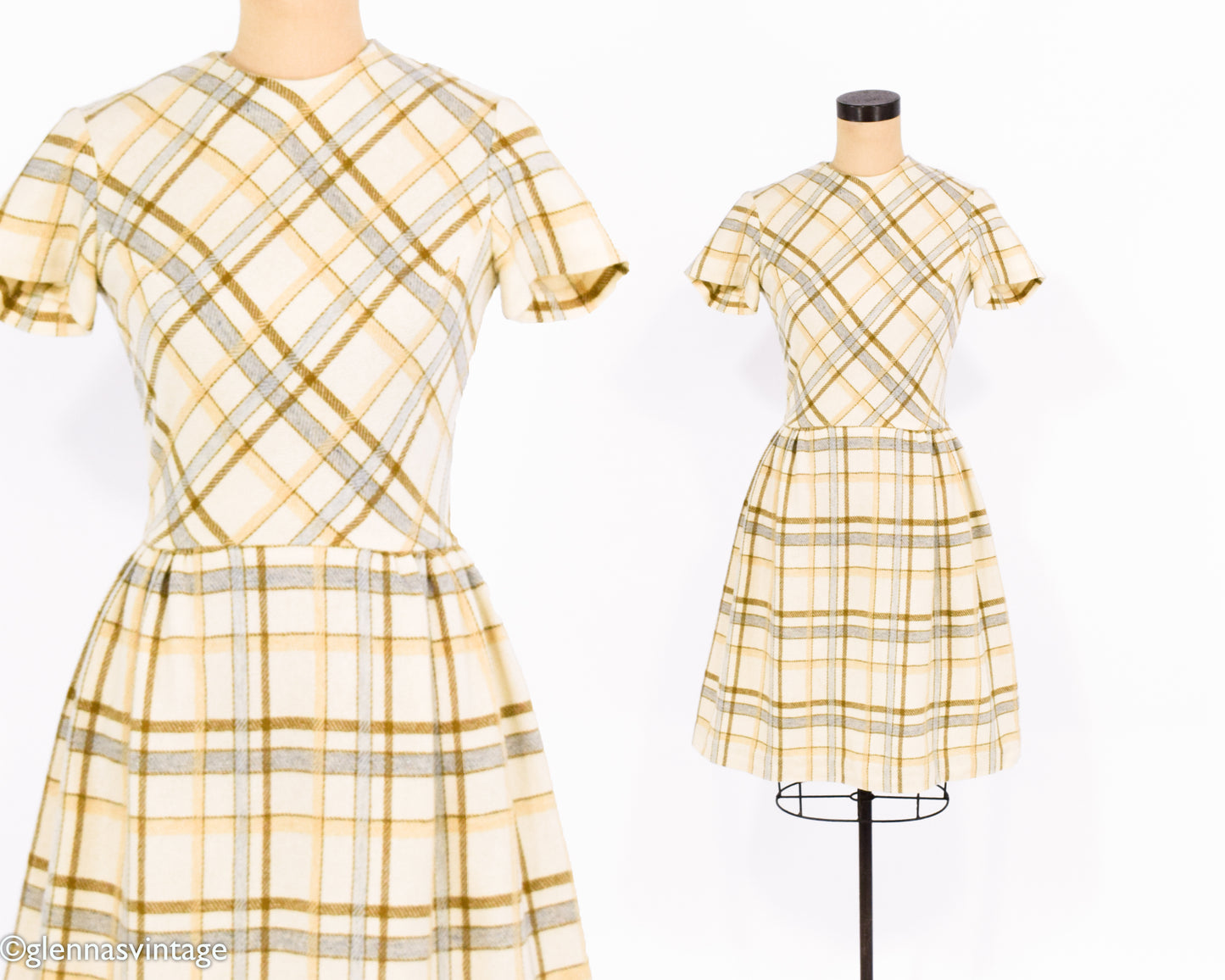 1960s Creme Plaid Wool Dress Small