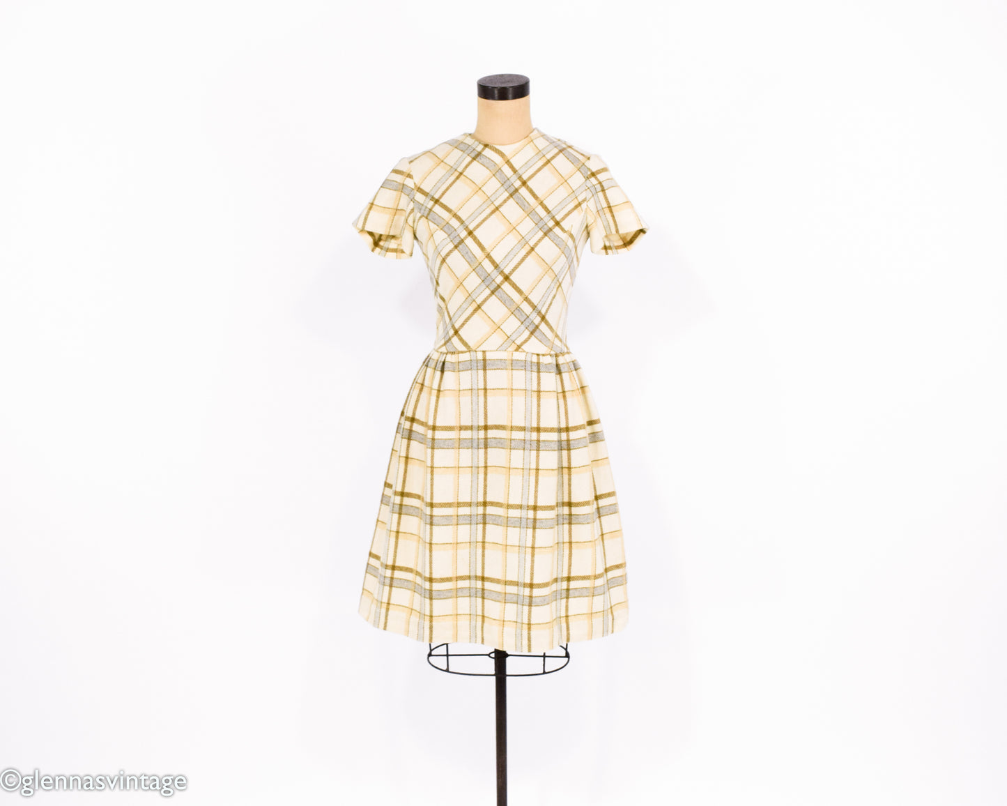 1960s Creme Plaid Wool Dress Small