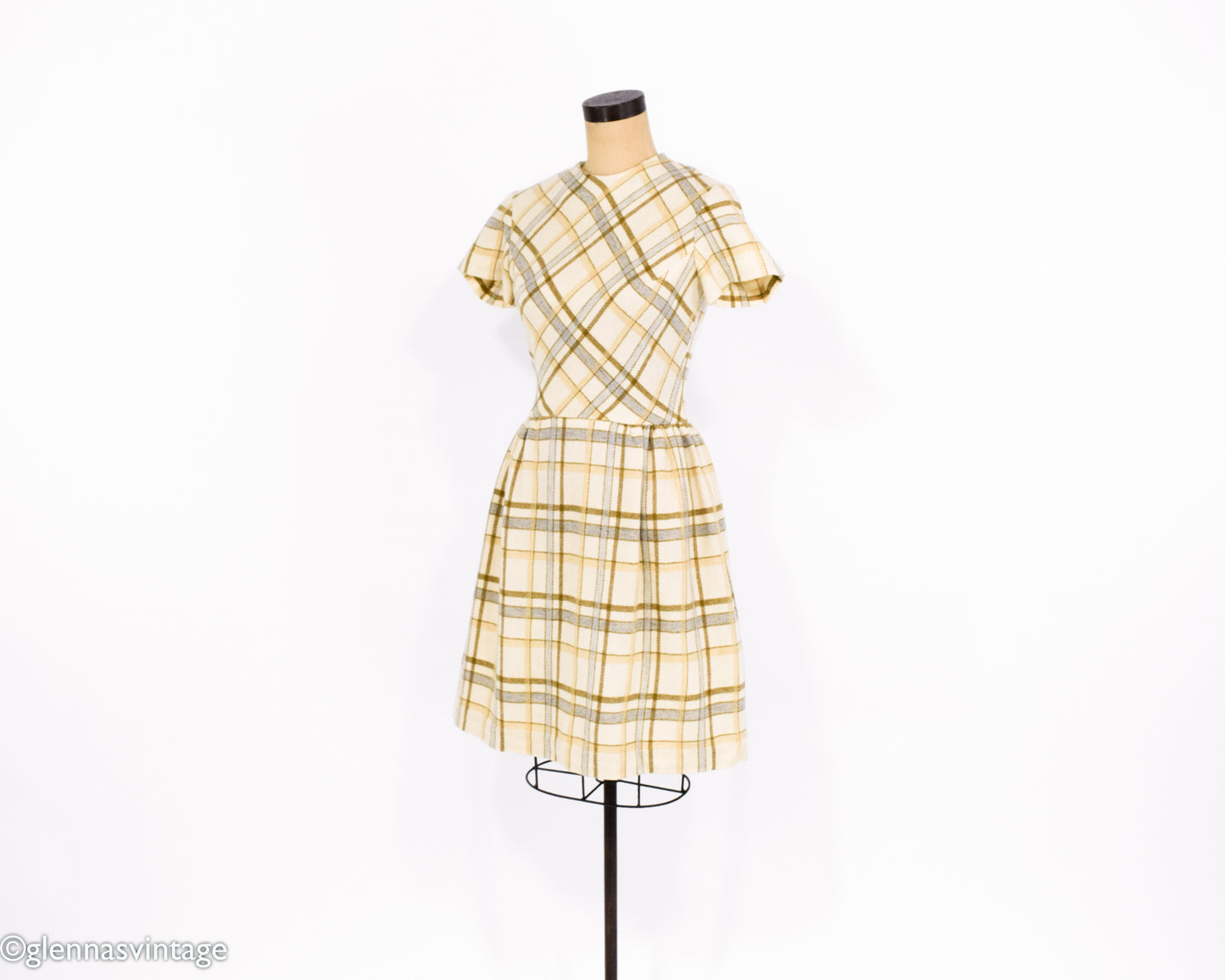 1960s Creme Plaid Wool Dress Small