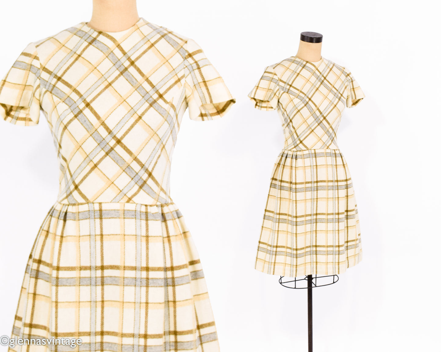 1960s Creme Plaid Wool Dress Small