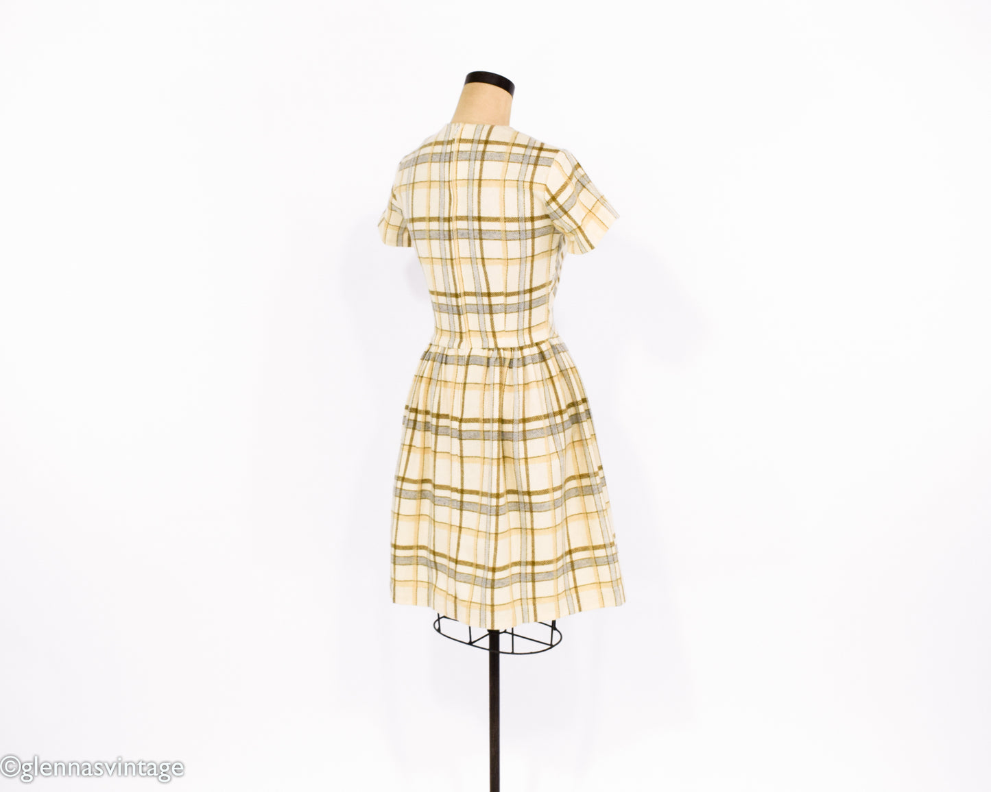 1960s Creme Plaid Wool Dress Small