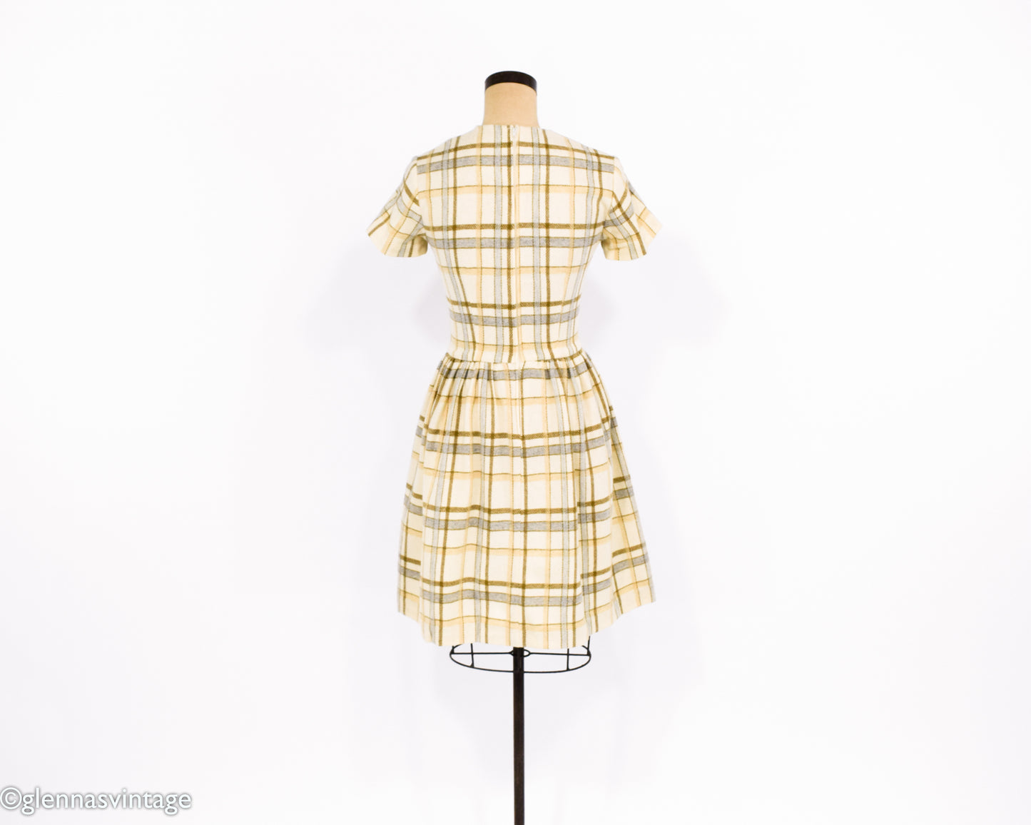 1960s Creme Plaid Wool Dress Small