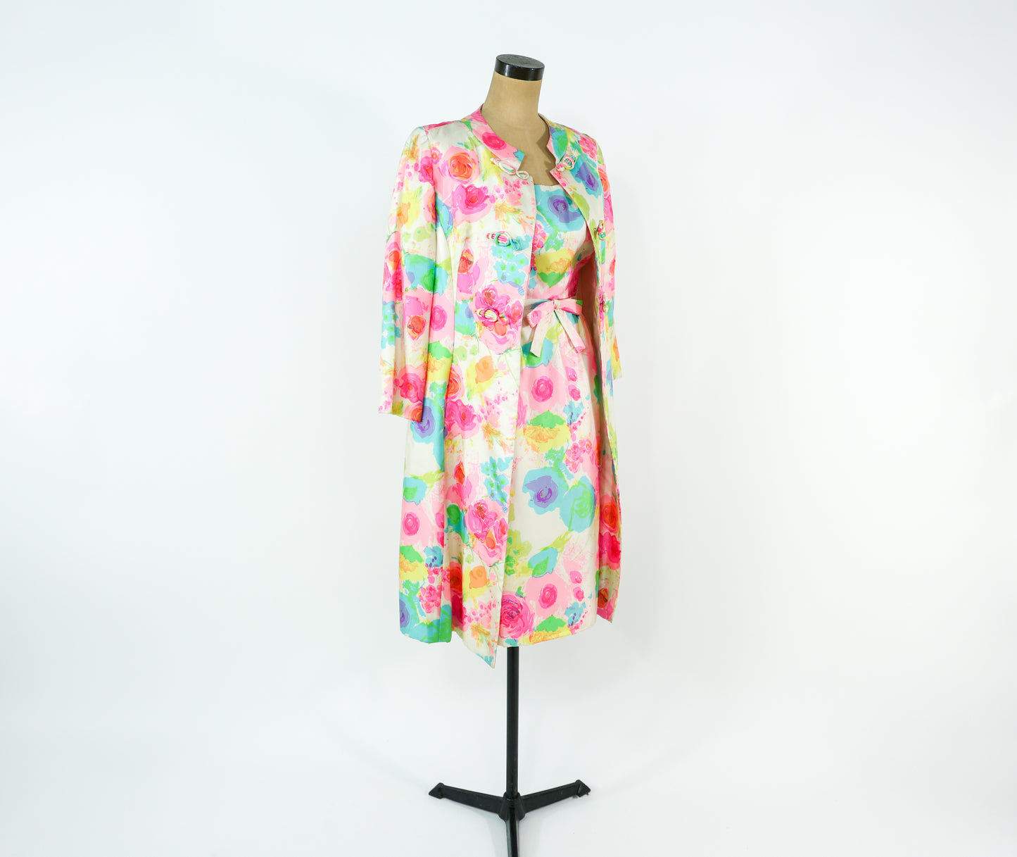 1960s Malcolm Starr Colorful Print Dress & Coat Set Ensemble, Extra Small
